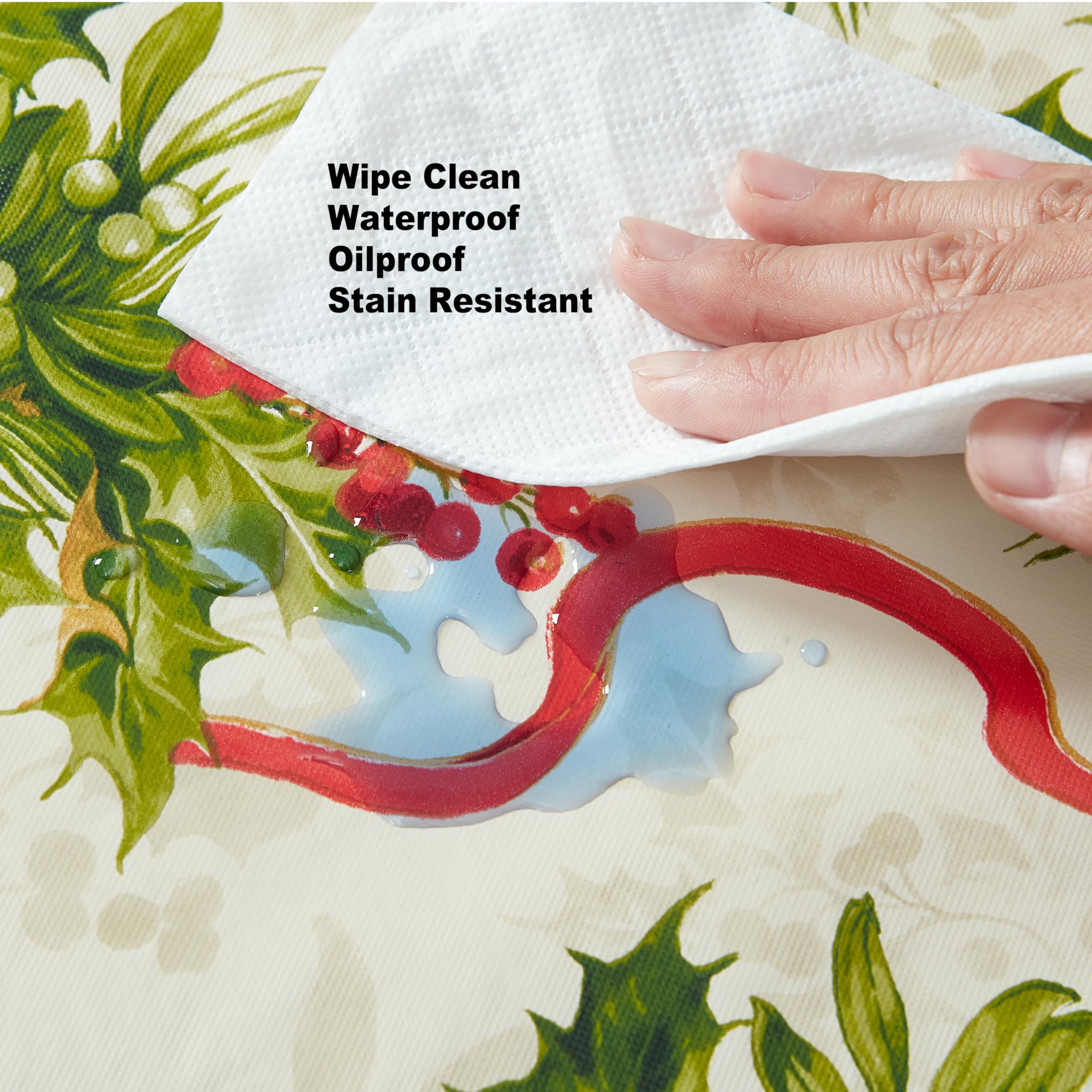 Newbridge Christmas Holly Traditions Vinyl Tablecloth with Flannel Backing - Red Holly Berry & Ribbons Holiday Design, Easy Care Wipe Clean, 60” x 102” Oblong/Rectangle - Perfect for Holiday Dinners, Parties & Festive Home Decor