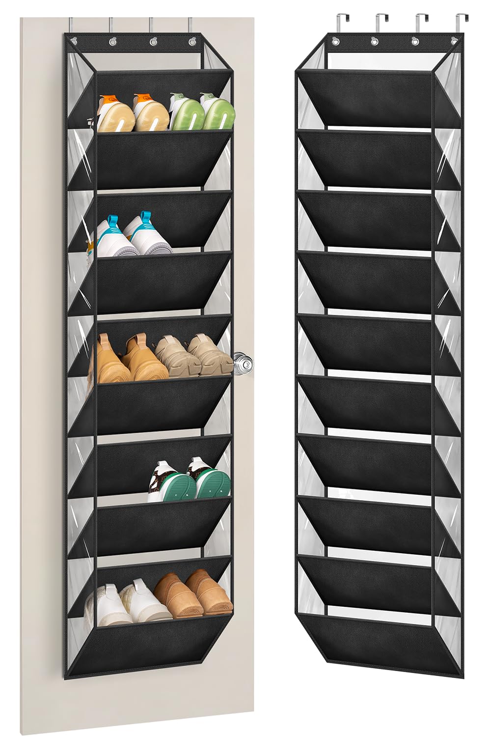 AOODA 10-Tier Clear Over The Door Shoe Organizer - Large Hanging Shoe Rack with Deep Pockets for Sneakers, Boots & Sandals - Fits 20 Pairs - Space Saving Closet Storage Solution for Bedroom, Dorm & Apartment (Black)