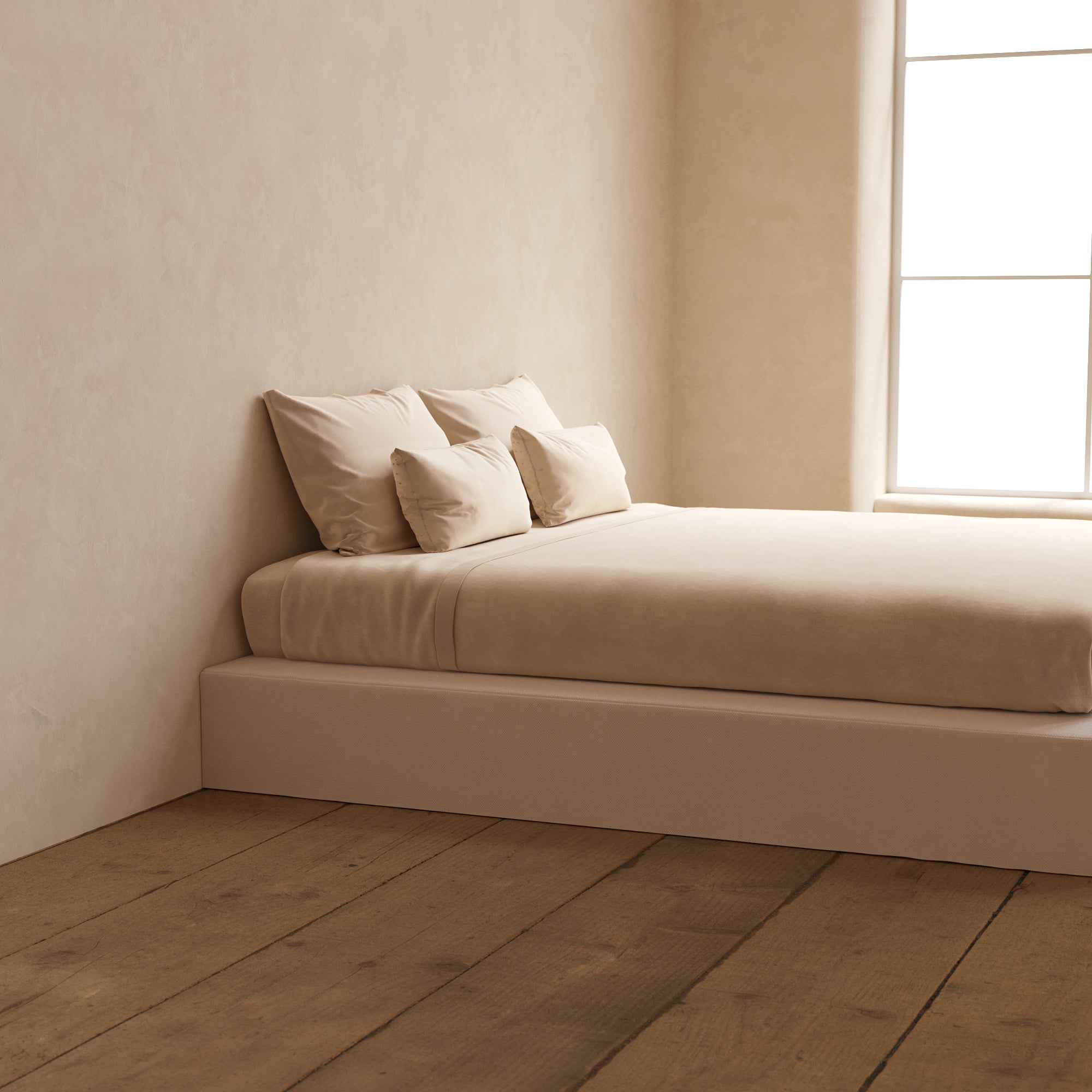 King Upholstered Platform Bed Frame with Plush Weave Fabric in Eggshell White - Queen Size Bed for Master Bedroom, Guest Room & Modern Home Decor