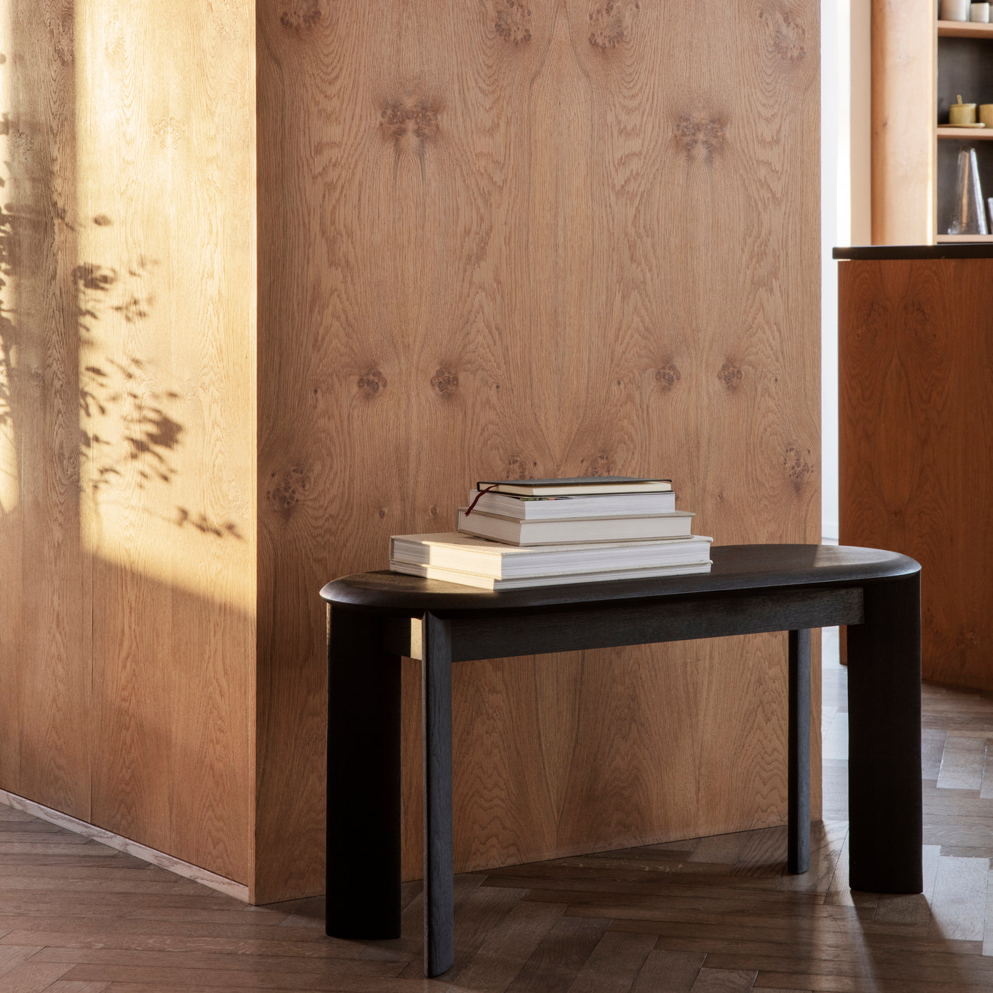 Black Oiled Oak Bevel Bench - Modern Wooden Entryway Bench with Angled Legs for Hallway, Living Room & Bedroom Decor