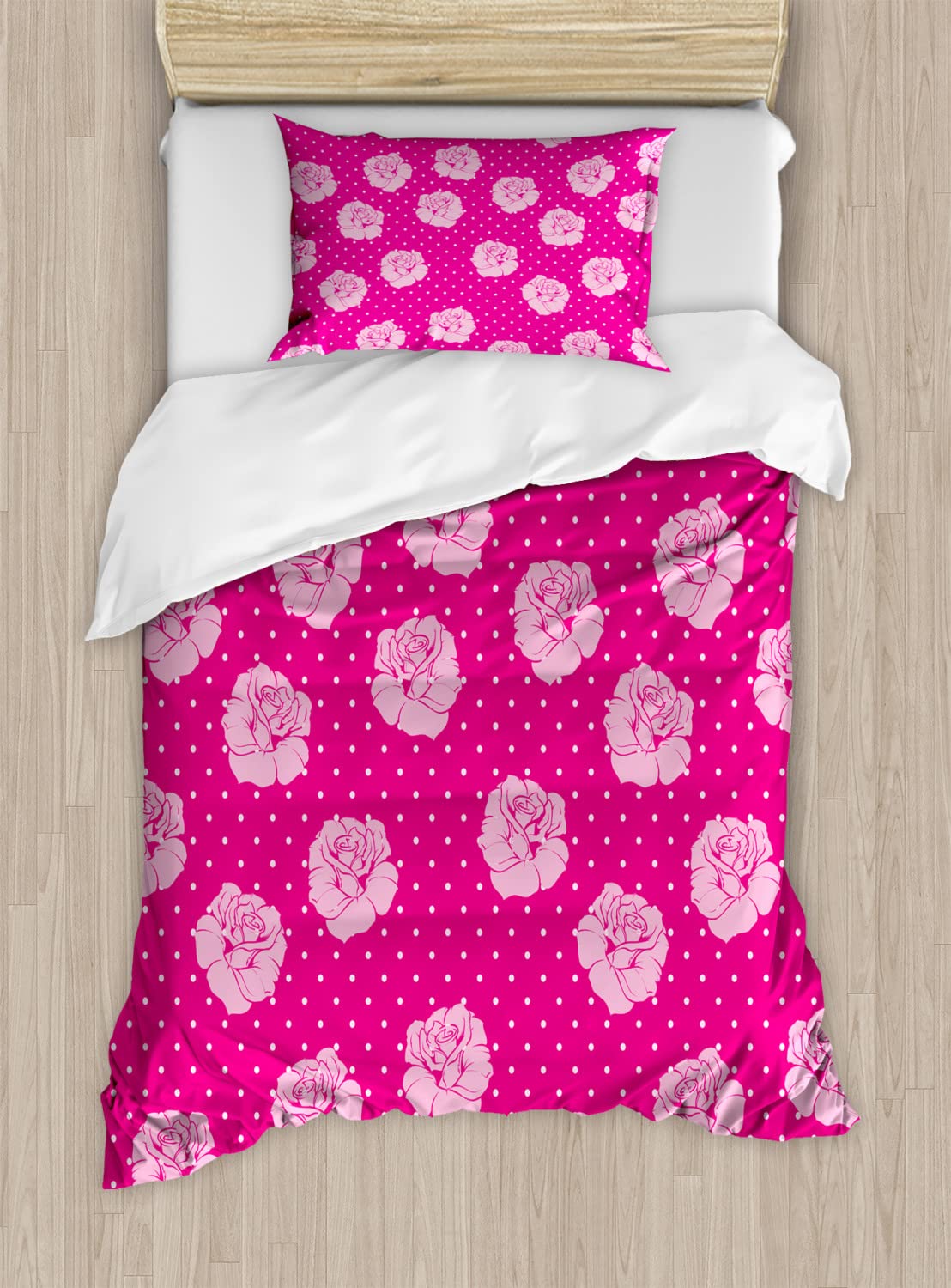 Ambesonne Vintage Pink Roses Duvet Cover Set - 2 Twin Size Duvet Covers & 2 Pillowcases, Hot Pink Floral Bedding with White Dotted Background | Perfect for Romantic Bedroom Decor, Guest Room Makeover, and Vintage-Themed Home Styling