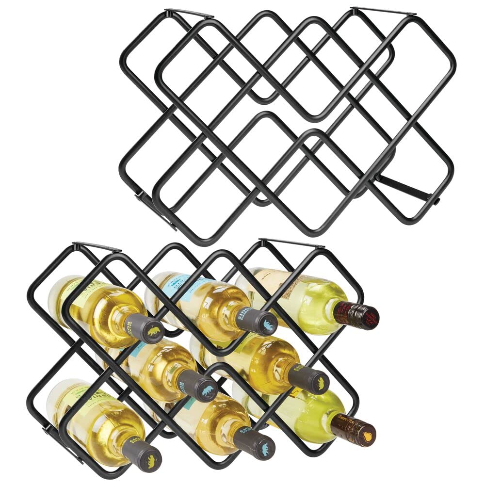 mDesign 3-Tier Black Metal Free-Standing Wine Rack Organizer - Holds 16 Bottles (2 Pack) for Wine, Beer, Soda & Water Storage - Perfect for Kitchen Countertops, Pantry, Fridge & Home Bar Organization
