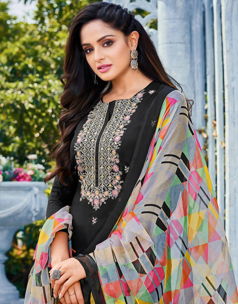 Elegant Black Chanderi Cotton Chudidar Salwar Suit for Women | Traditional Indian Ethnic Wear | Perfect for Weddings, Festivals & Special Occasions