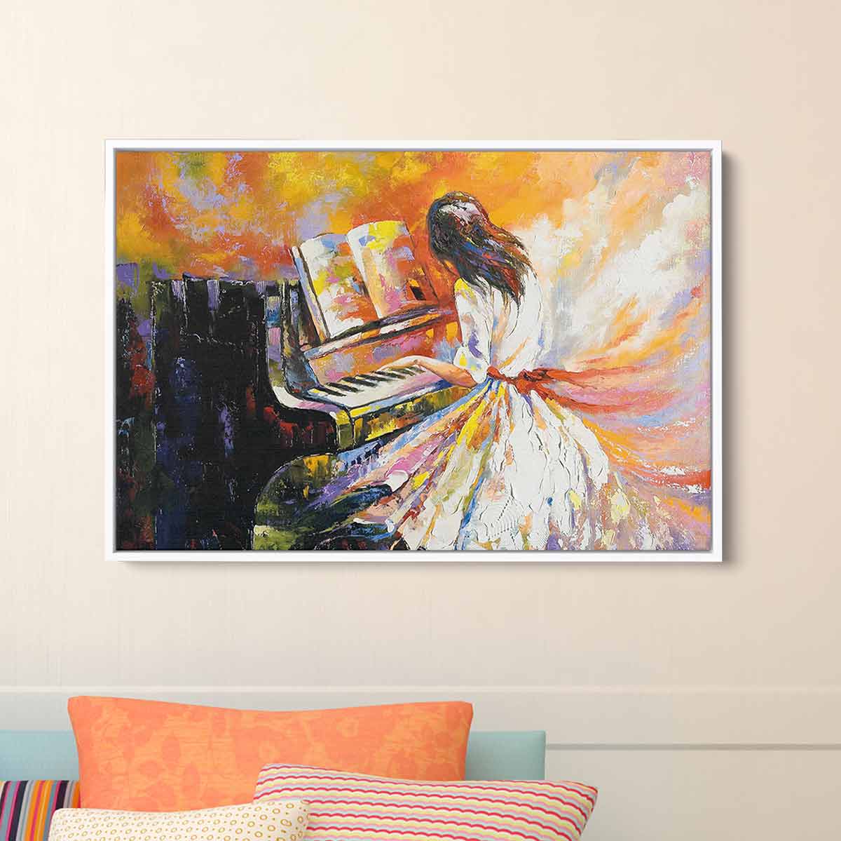 Orange Girl Playing Piano Wall Art Canvas Print 2243 - Perfect for Living Room, Bedroom & Office Decor