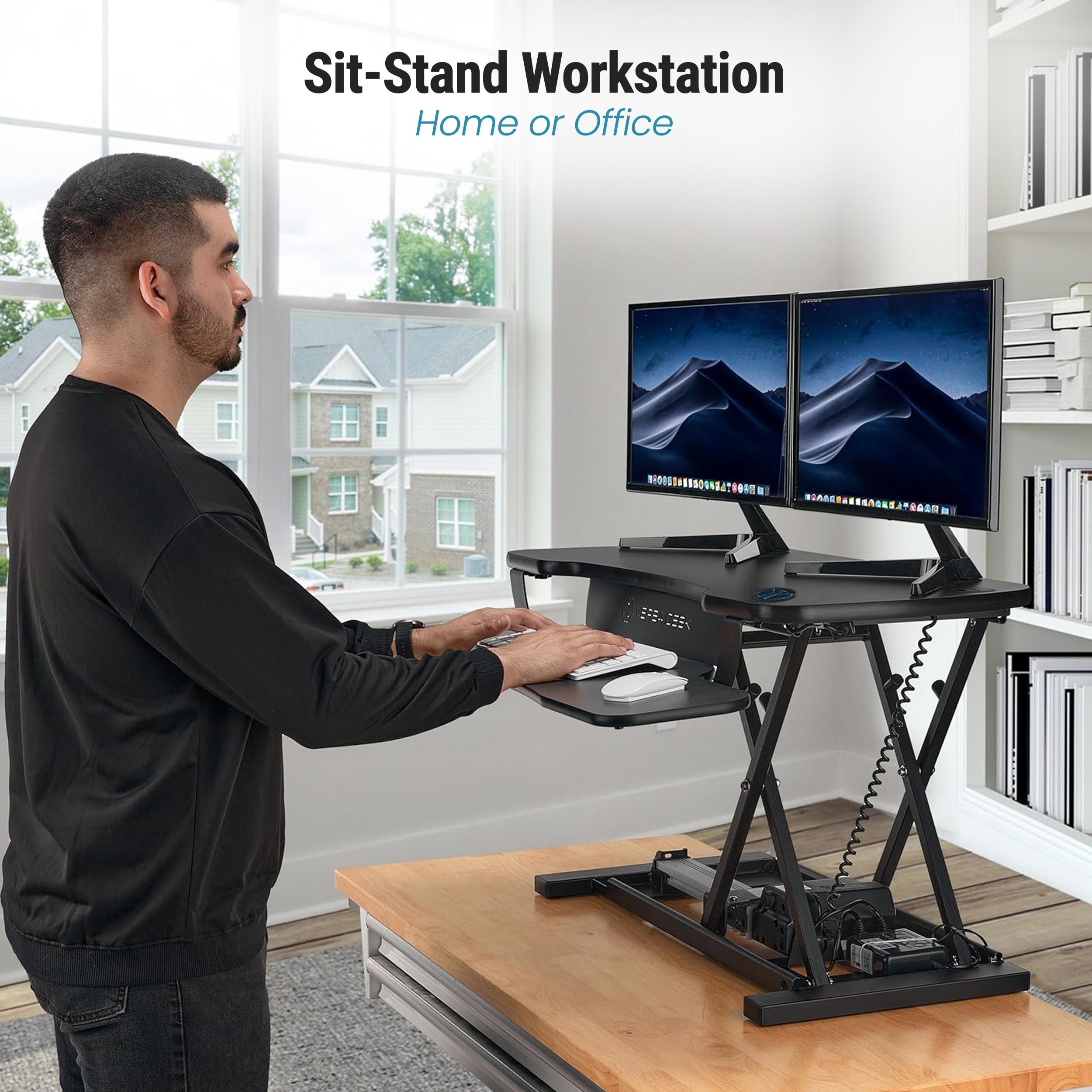 VERSADESK PowerPro 36 Inch Electric Standing Desk Converter - Height Adjustable Sit Stand Desk Riser for Home & Office - Dual Monitor & Laptop Workstation with Wide Keyboard Tray & USB Port - Black - Perfect for Remote Work, Gaming & Ergonomic Workspace Setup