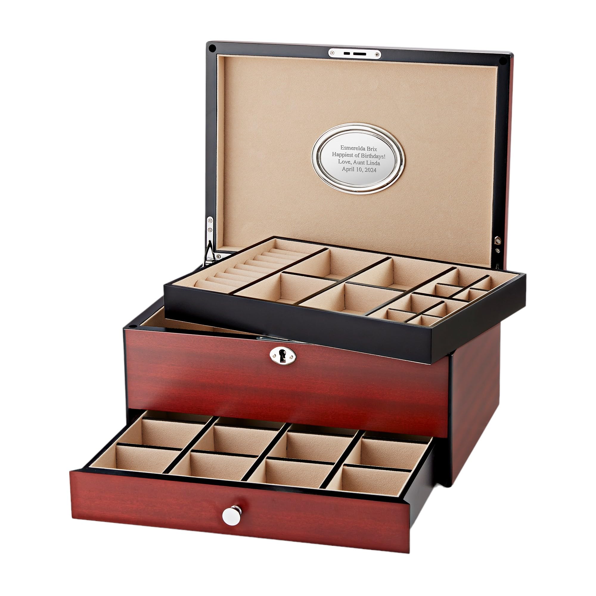 Personalized Engraved Large Matte-Finish Wooden Jewelry Box with Drawer & Lock - Free Custom Name/Message - Perfect Gift for Women, Brides, Anniversaries & Special Occasions
