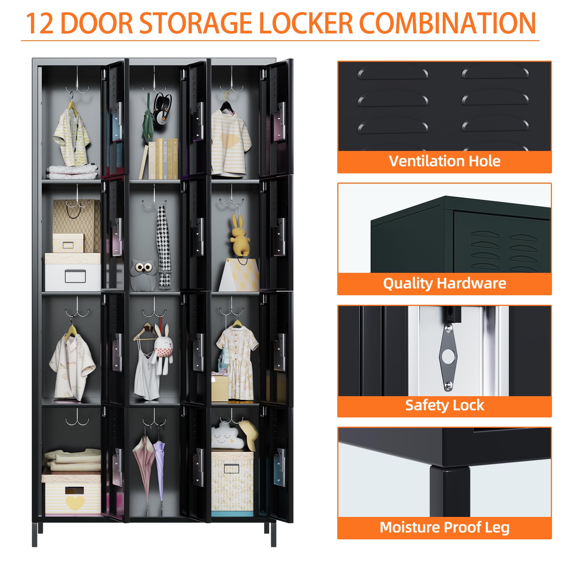 Aobabo 12-Door Metal Storage Locker with 12 Hooks - Heavy Duty Employee Locker for School, Office, Gym & Bedroom Organization - Easy Assembly Black Storage Cabinet for Clothes, Shoes & Personal Items