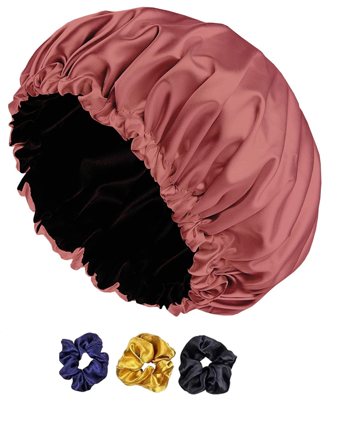 Avirons Adjustable Satin Silk Hair Bonnet for Sleeping - 3 Scrunchies Included | Soft Satin Hair Wrap Cap for Curly & Natural Hair | Pure Satin Hair Protection for Nighttime & Travel Use