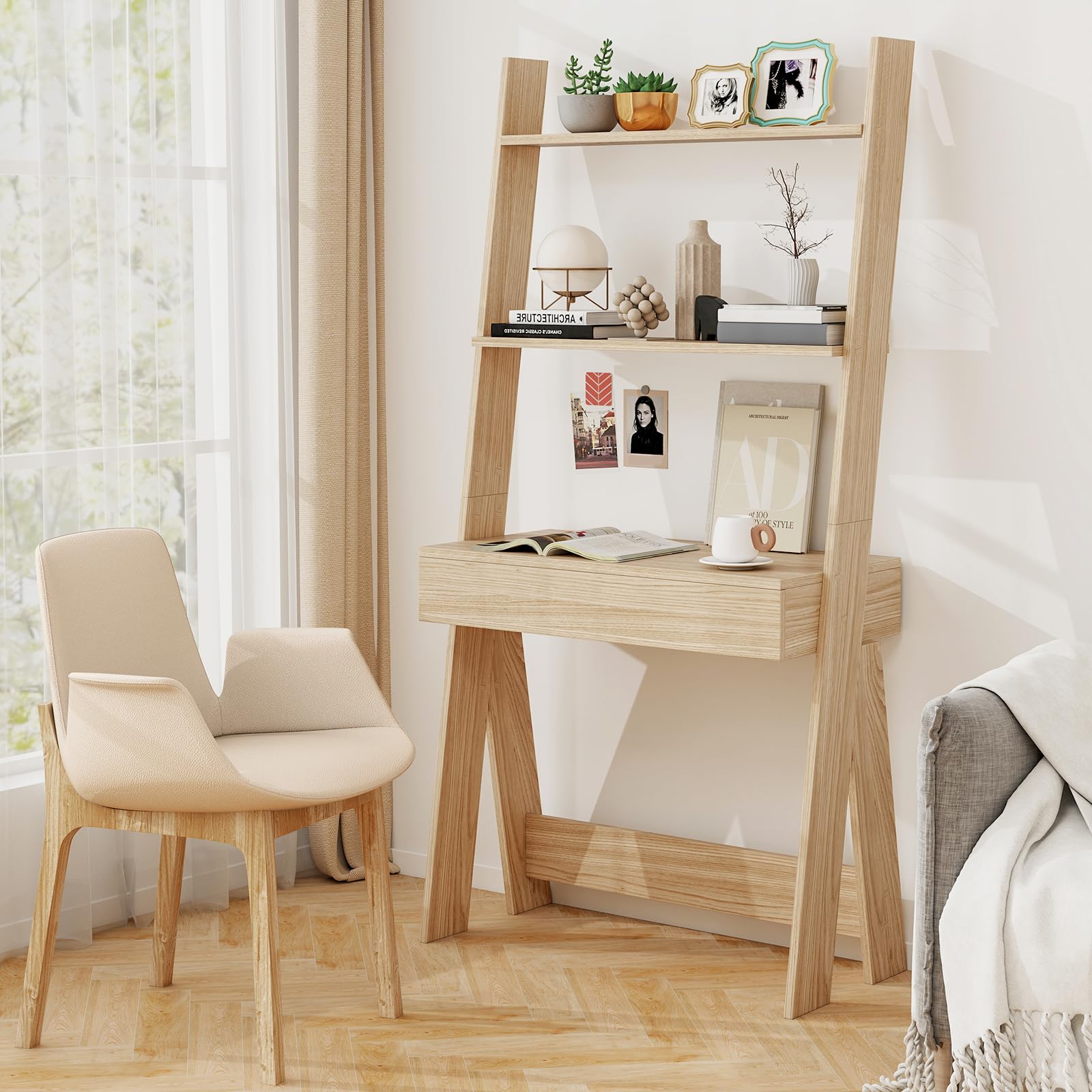 Giantex 3-Tier Ladder Desk with Drawer | 33-Inch Wide Freestanding Bookshelf with Anti-Tipping Device | Natural Wood Leaning Computer Desk with Shelves for Small Spaces | Perfect for Home Office, Dorm Room & Apartment Workspace