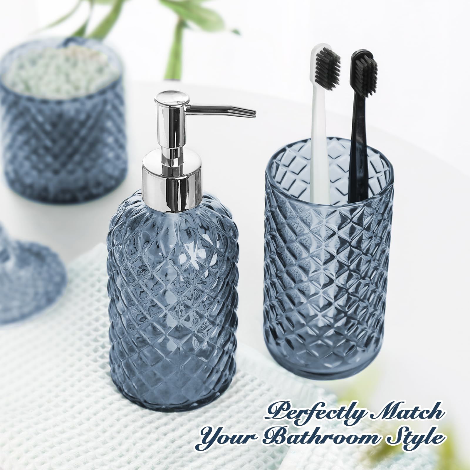 4-Piece Light Blue Bathroom Accessories Set - Diamond Glass Soap Dispenser & Toothbrush Holder | Modern Bathroom Counter Organizer Essentials for Home, Apartment & Guest Bath Decor