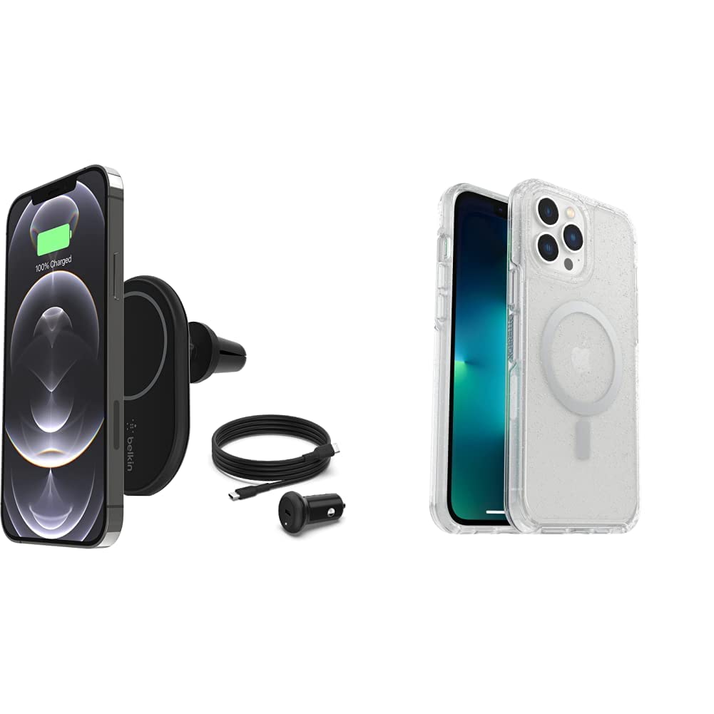 Belkin MagSafe Car Phone Mount with Magnetic Charging & Air Vent Holder | OtterBox Symmetry+ Clear Antimicrobial Case for iPhone 12/13 Pro Max (Stardust) | Secure Hands-Free Charging for Driving & Commuting