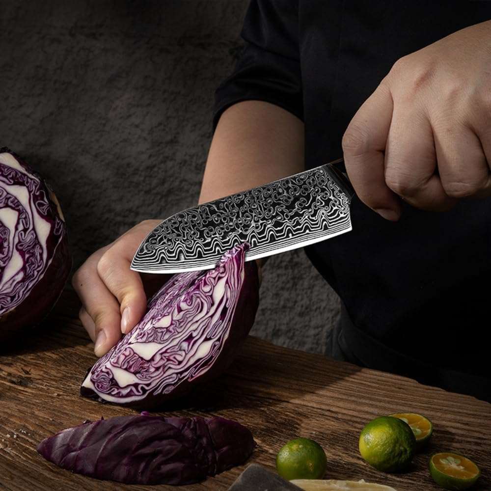 Premium VG10 Damascus Steel Santoku Chef Knife with Pakkawood Handle - Japanese Kitchen Knife for Professional Chefs & Home Cooking - Perfect for Slicing, Dicing & Chopping Vegetables, Meat & Fish