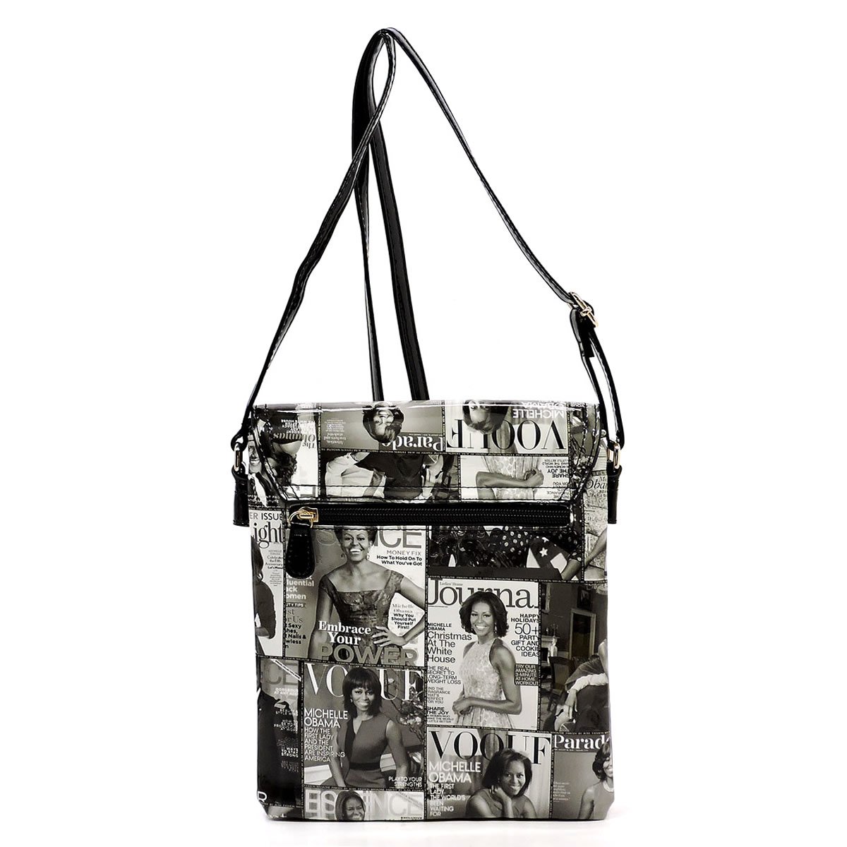 Stylish Glossy Magazine Cover Collage Crossbody Handbag - Michelle Obama Inspired Purse for Women, Perfect for Work, Travel & Evening Events