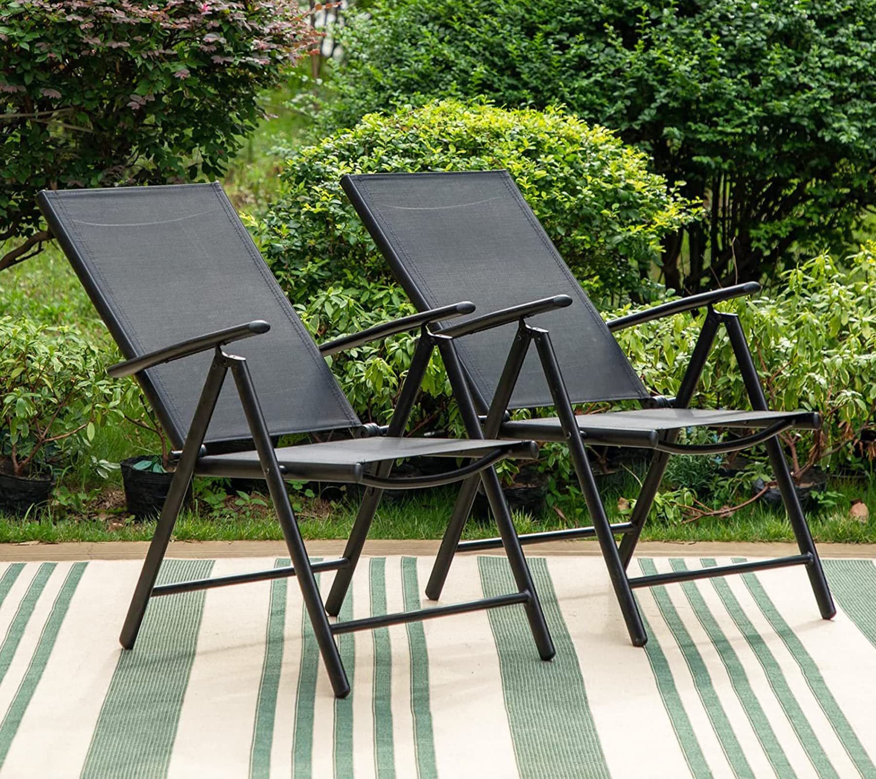 PHI VILLA 2-Pack Folding Patio Chairs - Adjustable Reclining Outdoor Sling Chairs with High Back & Armrests for Garden, Poolside, Lawn & Backyard - No Assembly Required (Black) - Perfect for Relaxing, Sunbathing & Outdoor Dining
