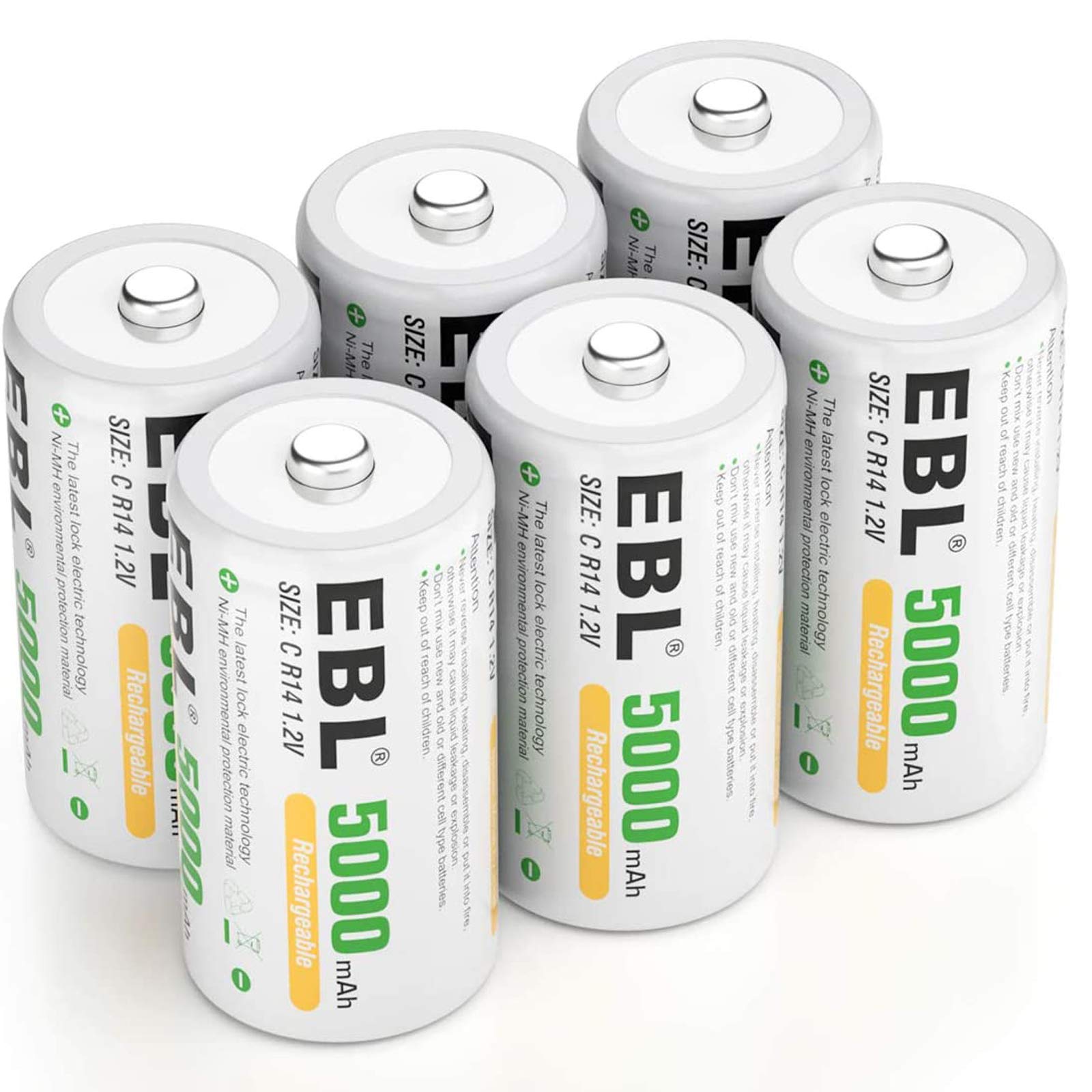 EBL 5000mAh Rechargeable C Batteries (6-Pack) - Ready2Charge C Size Batteries with Storage Case | Perfect for Flashlights, Toys, Radios & Emergency Power Supply