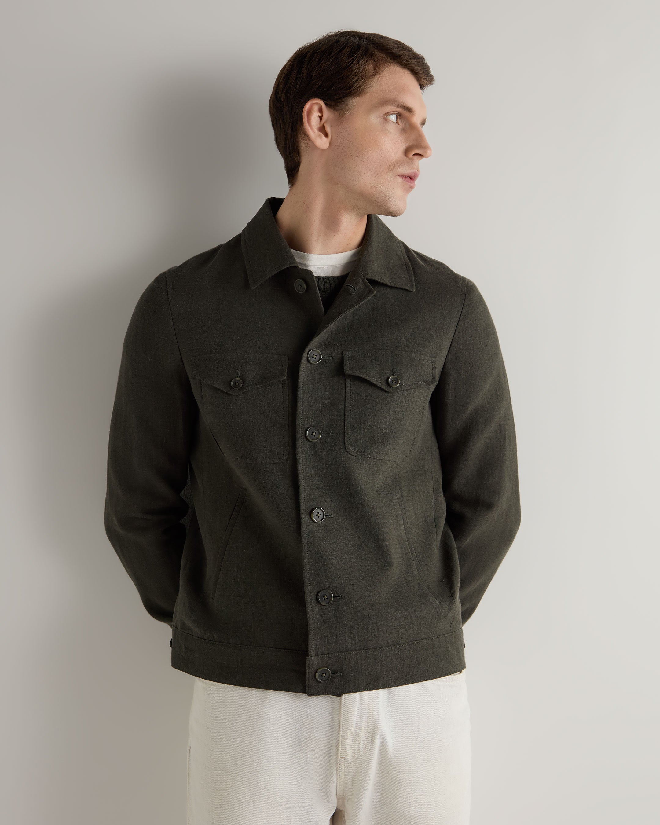 Men's Lightweight Linen Jacket - Breathable Summer Woven Coat in Arabica Khaki Green | Casual Outdoor Wear for Beach, Travel & Street Style