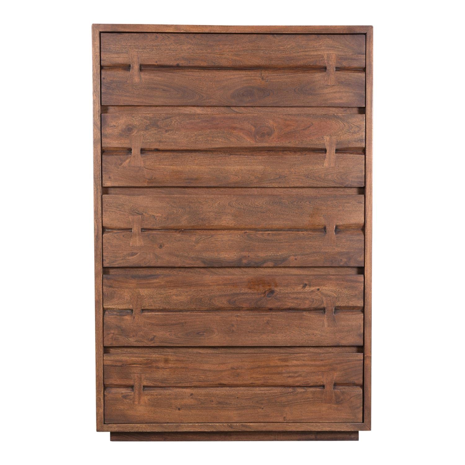 Moe's Home Collection Madagascar 5-Drawer Wood Dresser in Brown - Solid Wood Bedroom Storage Furniture for Clothes, Bedroom, Nursery & Dorm Organization