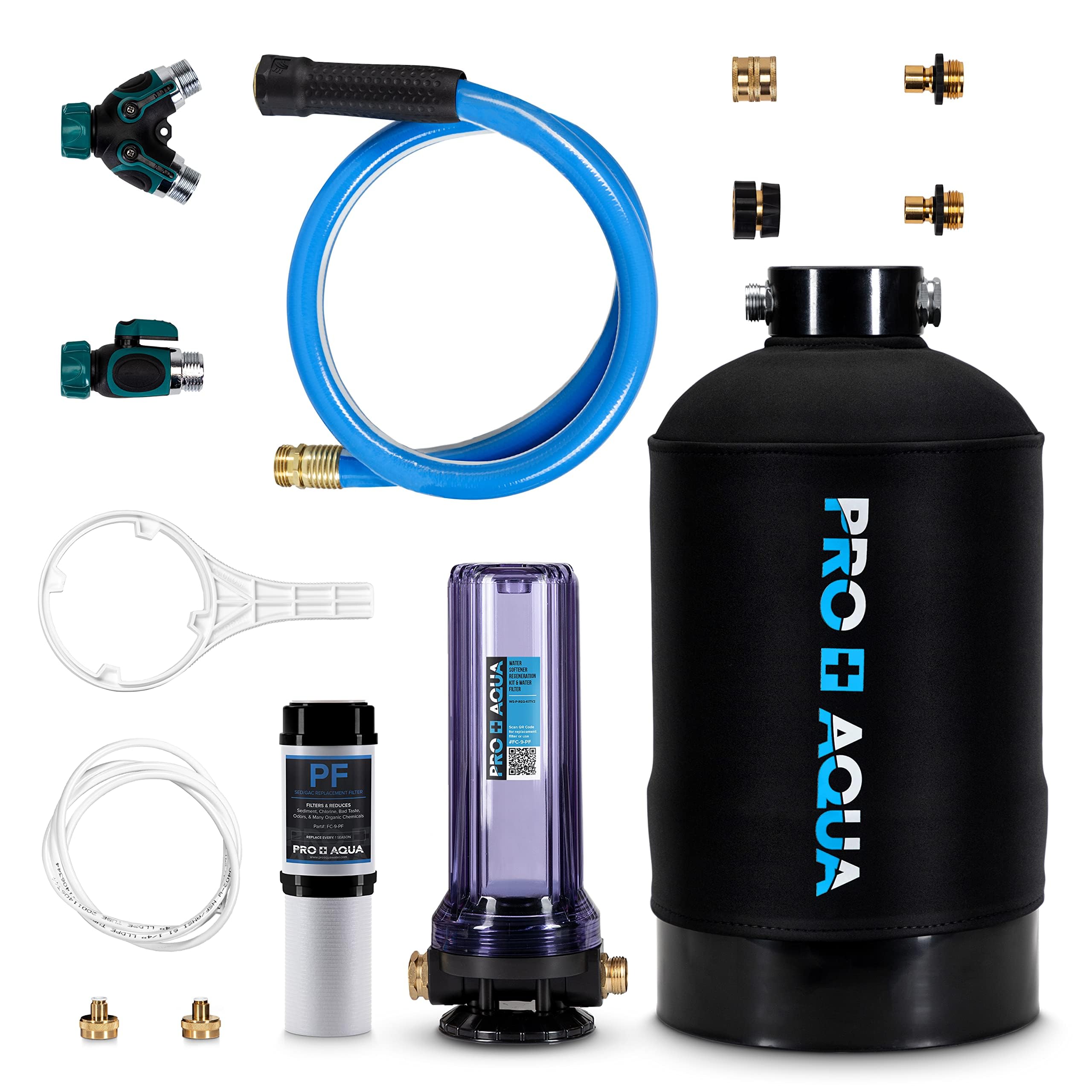 PRO+AQUA Portable RV Water Softener 16,000 Grains with Filtration System - Hard Water Softener & Filter for RV Trailers, Campers, Vans - Perfect for Camping, Boondocking & Road Trips