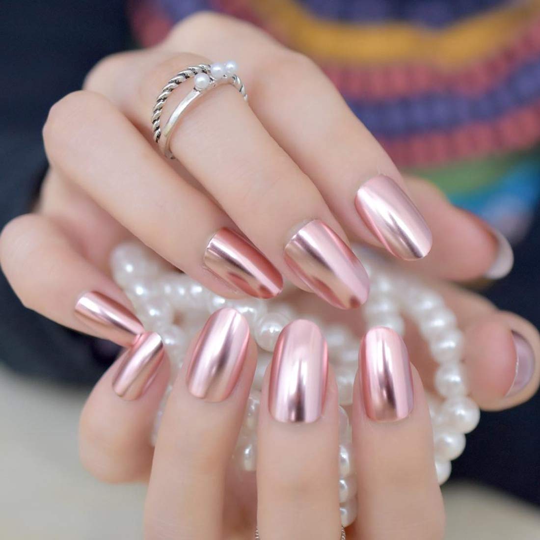 Artificial Almond Shape Bridal Fake Nails - Rose Gold Metallic Acrylic Press On Nails with Brush On Glue for Wedding, Party & Special Occasions
