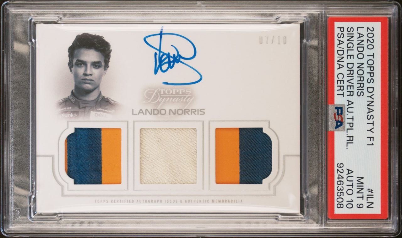 2020 Topps Dynasty F1 Lando Norris #4 Triple Patch Auto Card PSA 10 & 9 - Perfect for F1 Collectors, Racing Memorabilia Displays, and Sports Investment Portfolios