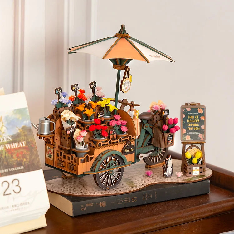 Rolife Blossom Cart 3D Wooden Puzzle Kit - DIY Flower Cart Model for Adults & Teens - Creative Home Decor & Gift Idea for Birthday, Christmas - Relaxing Craft Project for Stress Relief & Mindfulness