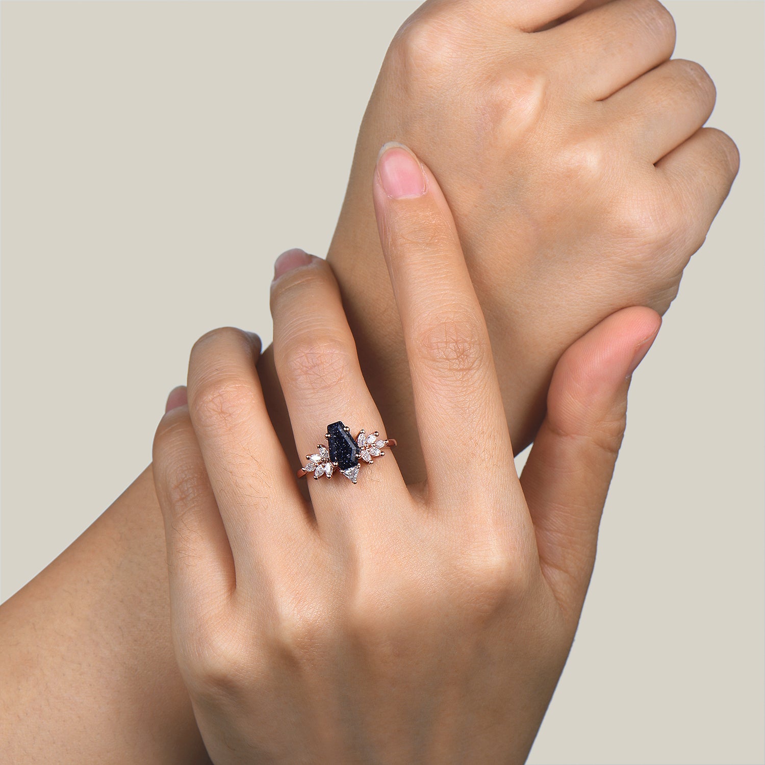 Elegant Coffin Cut Blue Sandstone Engagement Ring with Marquise Moissanite Cluster - Perfect for Wedding, Proposal & Anniversary Gifts
