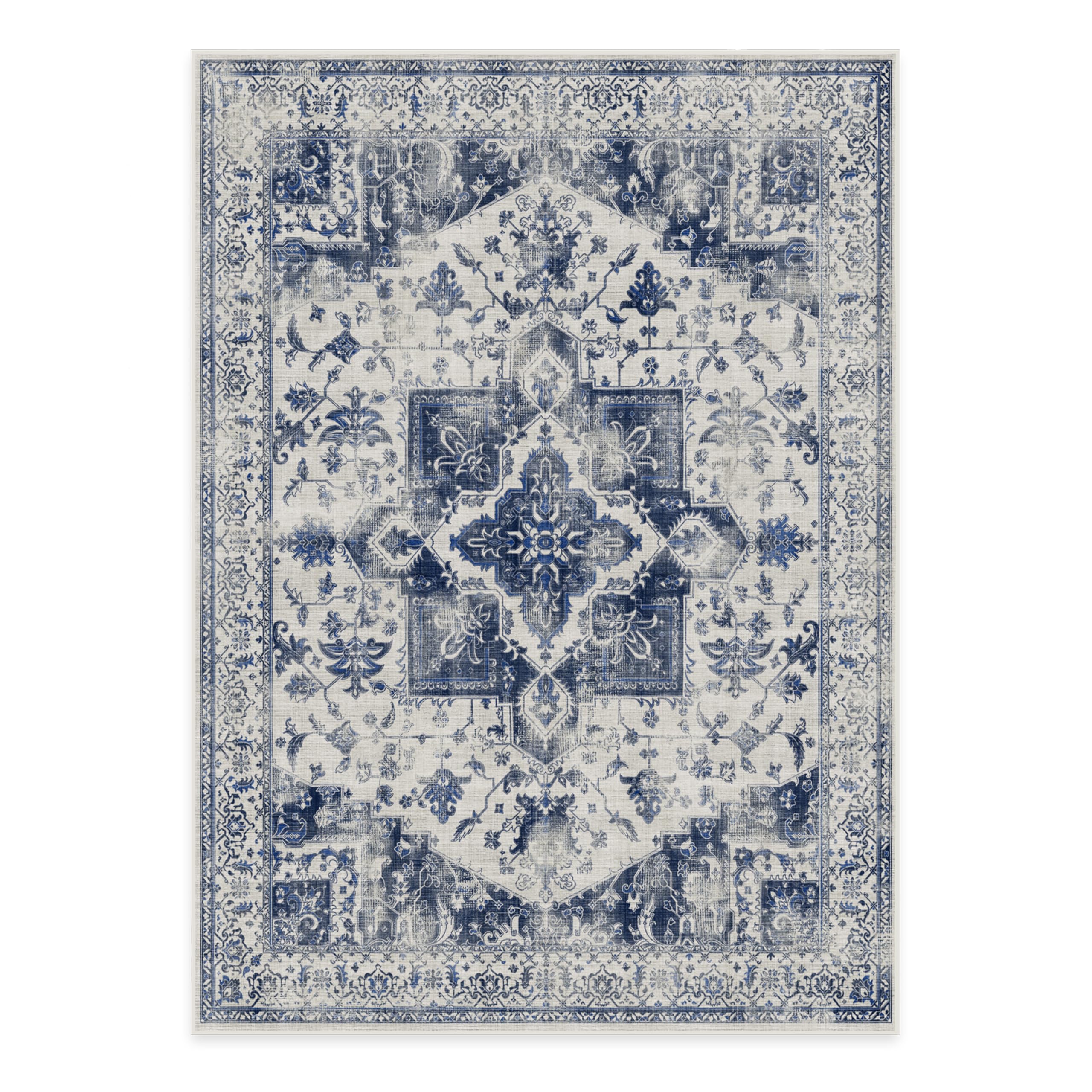 Ruggable Washable 5x7 Area Rug | Kira Delft Blue | Premium Non-Slip Rug for Living Room, Bedroom, Kitchen, Office & Classroom | Waterproof & Easy to Clean | Perfect for High Traffic Areas & Pet-Friendly Homes