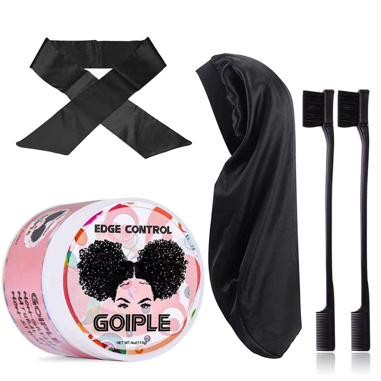 Goiple Edge Control Wax for Women - Strong Hold Hair Gel, Non-Greasy & Flake-Free Styling Wax with Strawberry Scent (4oz) + Free Edge Scarf, Hair Bonnet & 2 Edge Brushes - Perfect for Sleek Hairstyles, Baby Hairs & Natural Hair Care