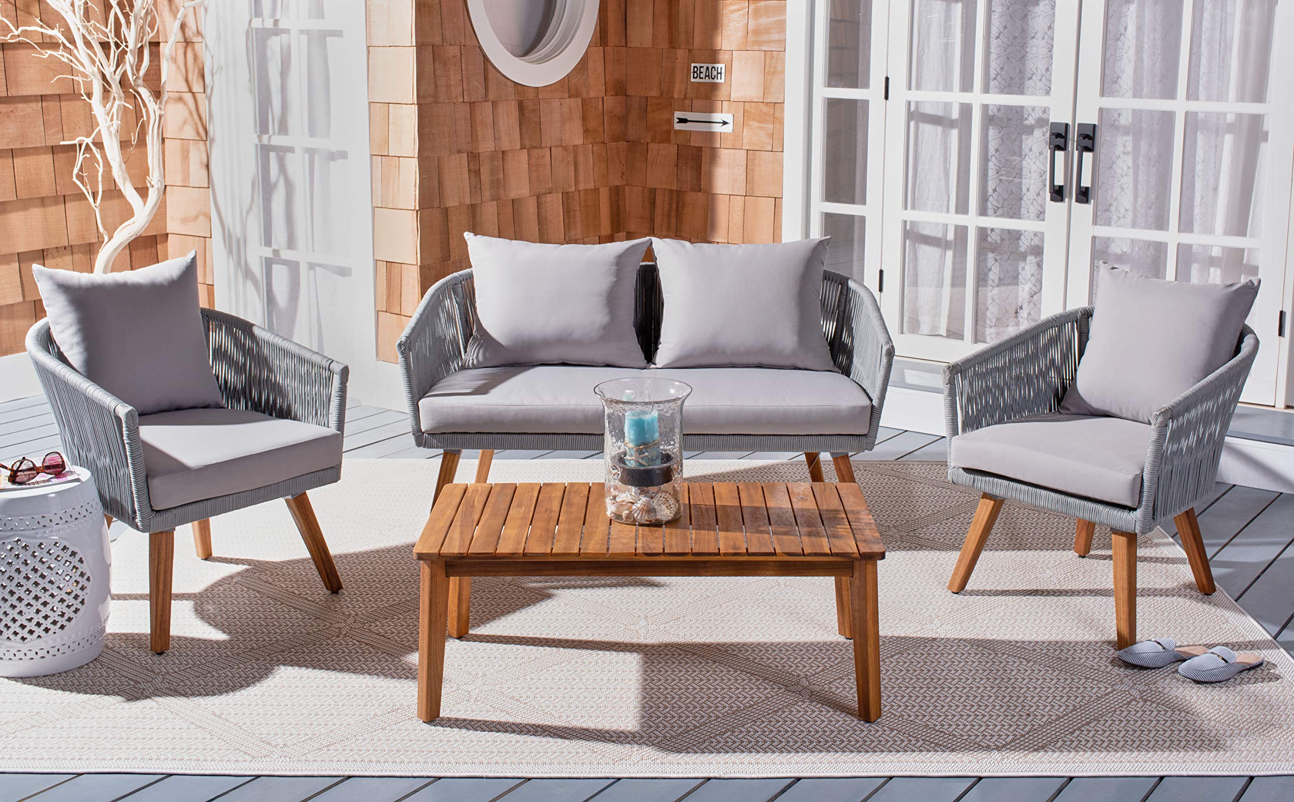 SAFAVIEH PAT7072A Outdoor Velso Rope 4-Piece Patio Set with Seat Cushions & Throw Pillows - Waterproof Garden Furniture for Backyard, Poolside or Deck - Perfect for Outdoor Relaxation & Entertaining