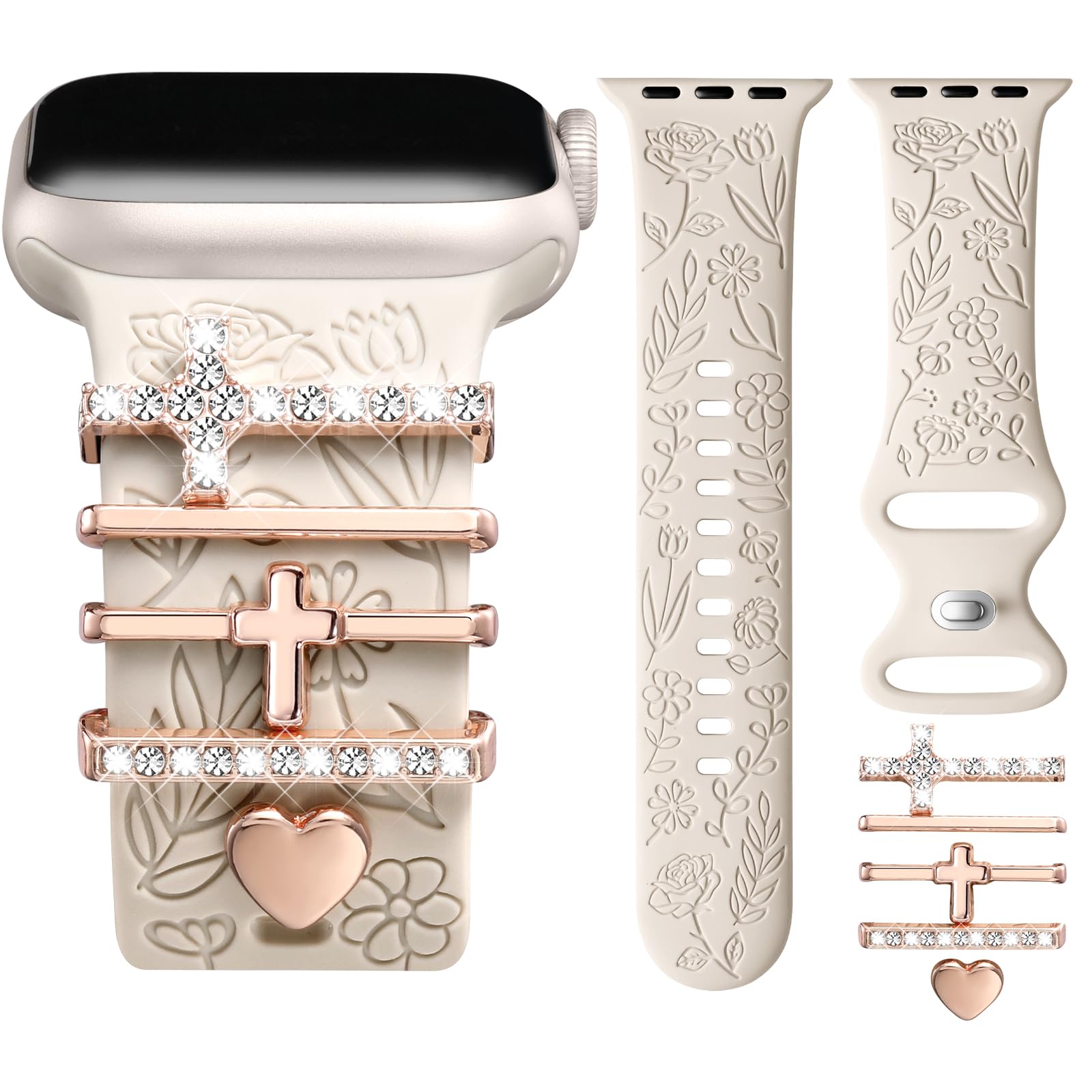 DaQin Floral Engraved Soft Silicone Band for Apple Watch 38mm 40mm 41mm 42mm - Compatible with iWatch Series 10/9/8/7/6/5/4/3/2/1/SE - Decorative Charm Bracelet Strap for Women - Perfect for Workouts, Office Wear & Everyday Fashion Accessories