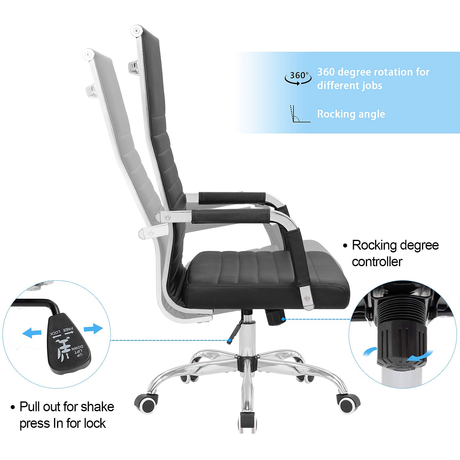 Ergonomic High Back Ribbed Office Chair - Adjustable PU Leather Desk Chair with Armrests, Swivel & Tilt Function for Home Office, Conference Room, Study or Leisure (Black) - Perfect for Long Work Sessions, Gaming & Remote Work
