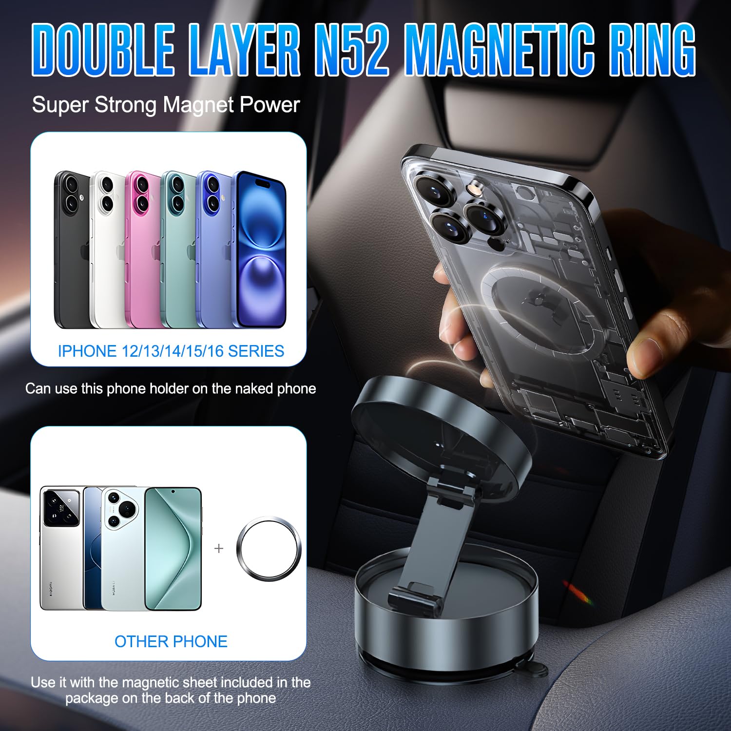Magnetic Phone Holder for Car, Gym & Mirror - 360° Rotatable & Foldable