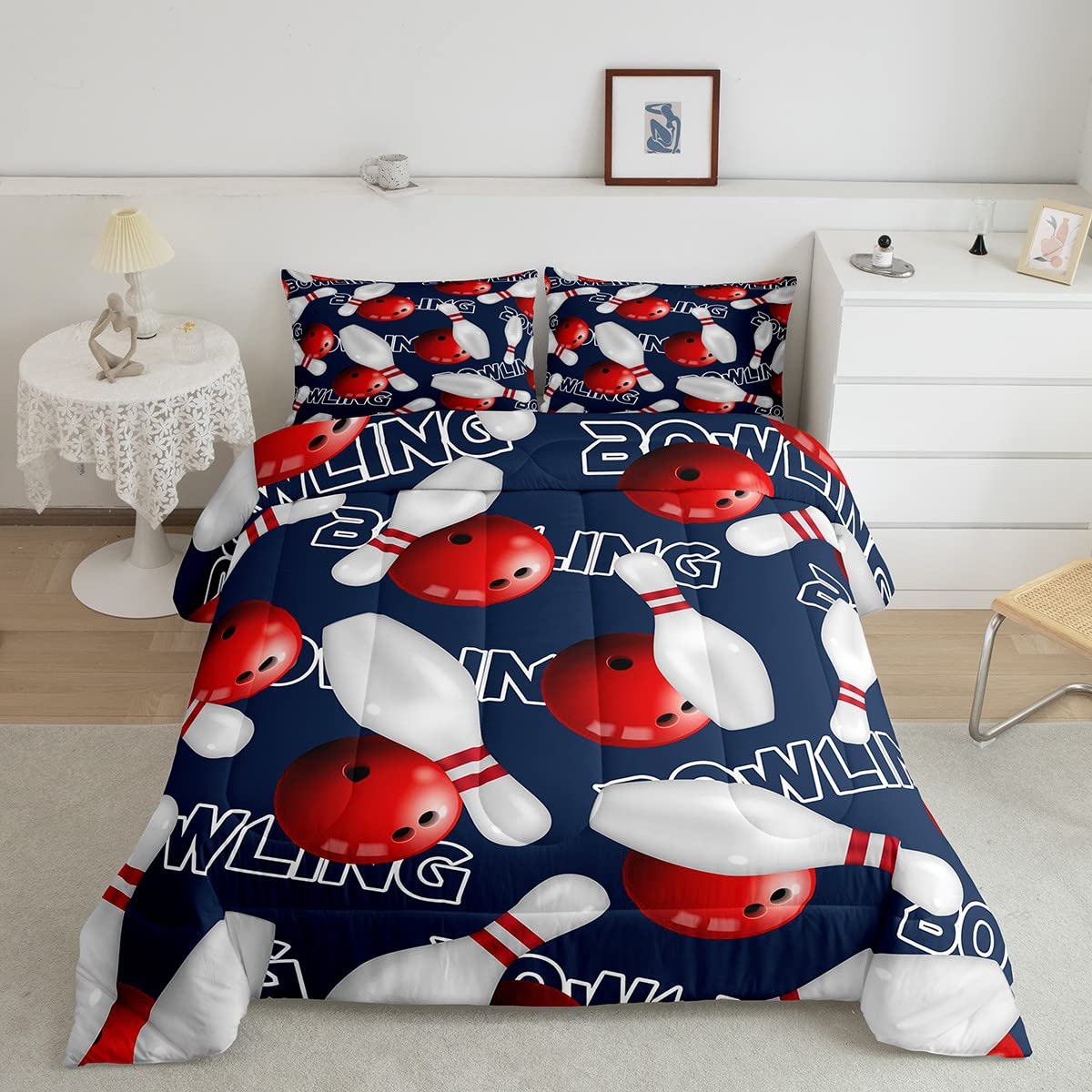 Erosebridal Bowling Party Comforter Set - Full Size Bowling Ball Print Duvet Cover for Boys & Girls, Sport Themed Bedding with Quilted Design (3-Piece Set) | Perfect for Kids' Rooms, Teen Sports Decor & Gaming Themed Bedrooms