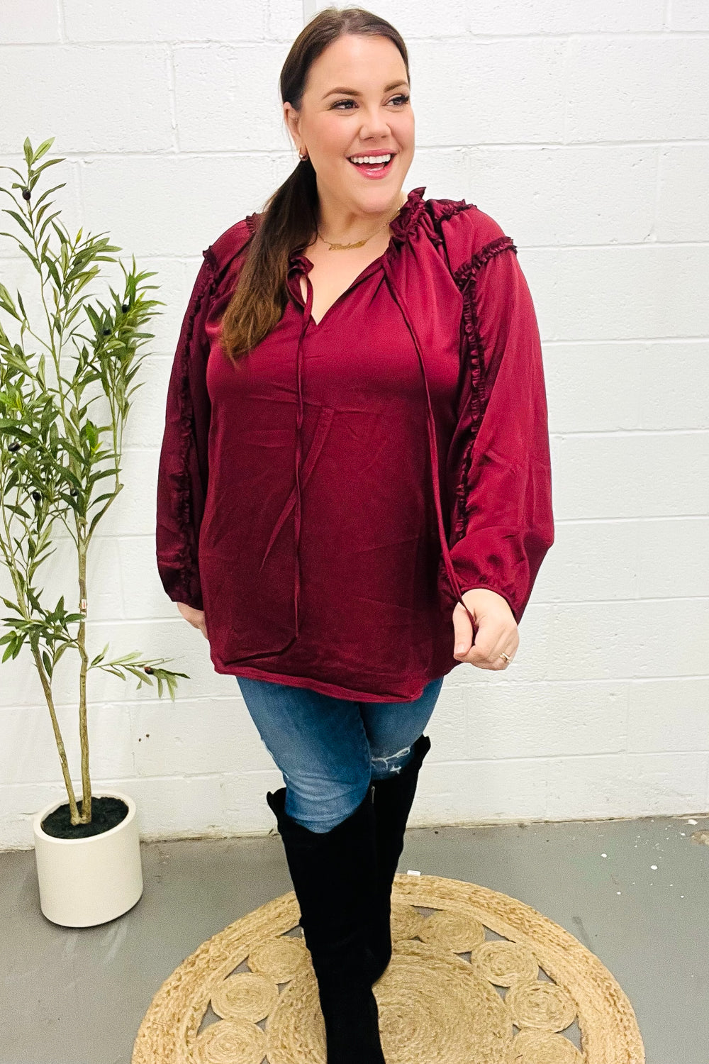 Elegant Burgundy Satin Blouse with Frill Detail & Tie Neck - Perfect for Holiday Parties & Special Occasions