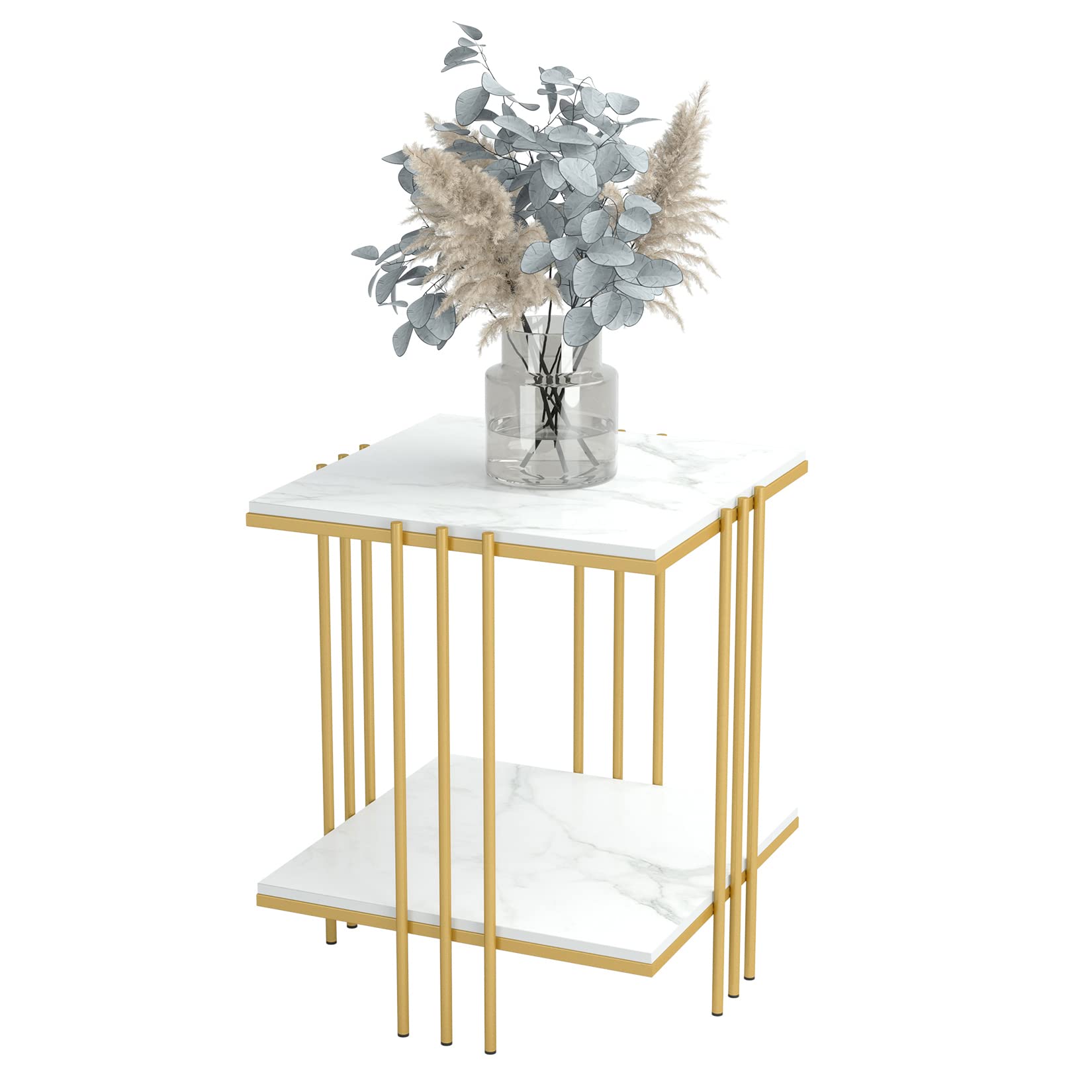 Wisfor Sintered Stone End Table - 2 Tier Square White Sofa Side Table with Golden Frame - Modern Small Coffee Table & Bedside Nightstand for Living Room, Bedroom - Perfect for Coffee, Books & Decor Display