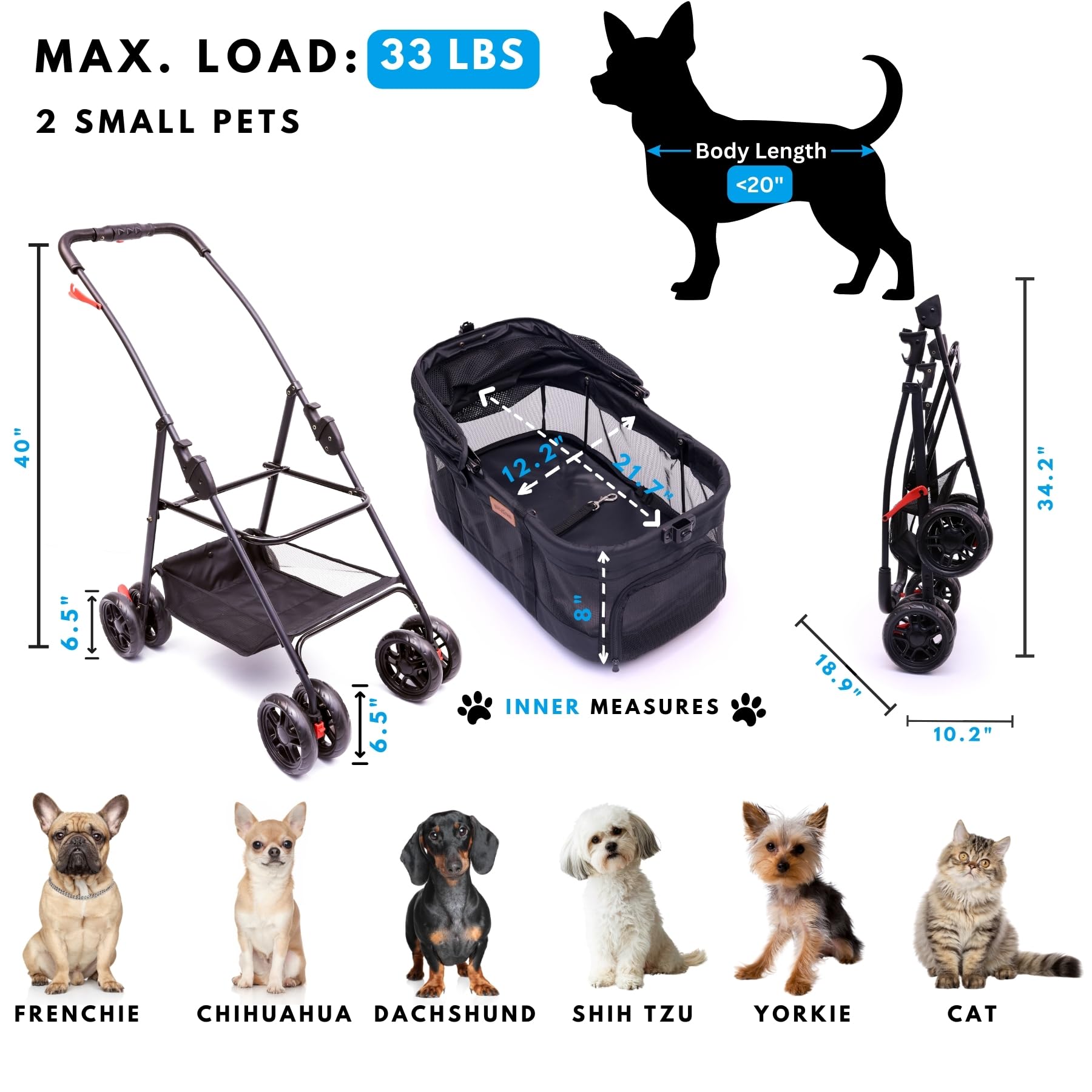 Premium Pet Stroller for Small Dogs & Cats - 3-in-1 Convertible Carrier with Wheels, Detachable Design, 33 lbs Capacity - Easy Fold & Compact for Travel - Perfect for Vet Visits, Shopping & Outdoor Adventures (Black)