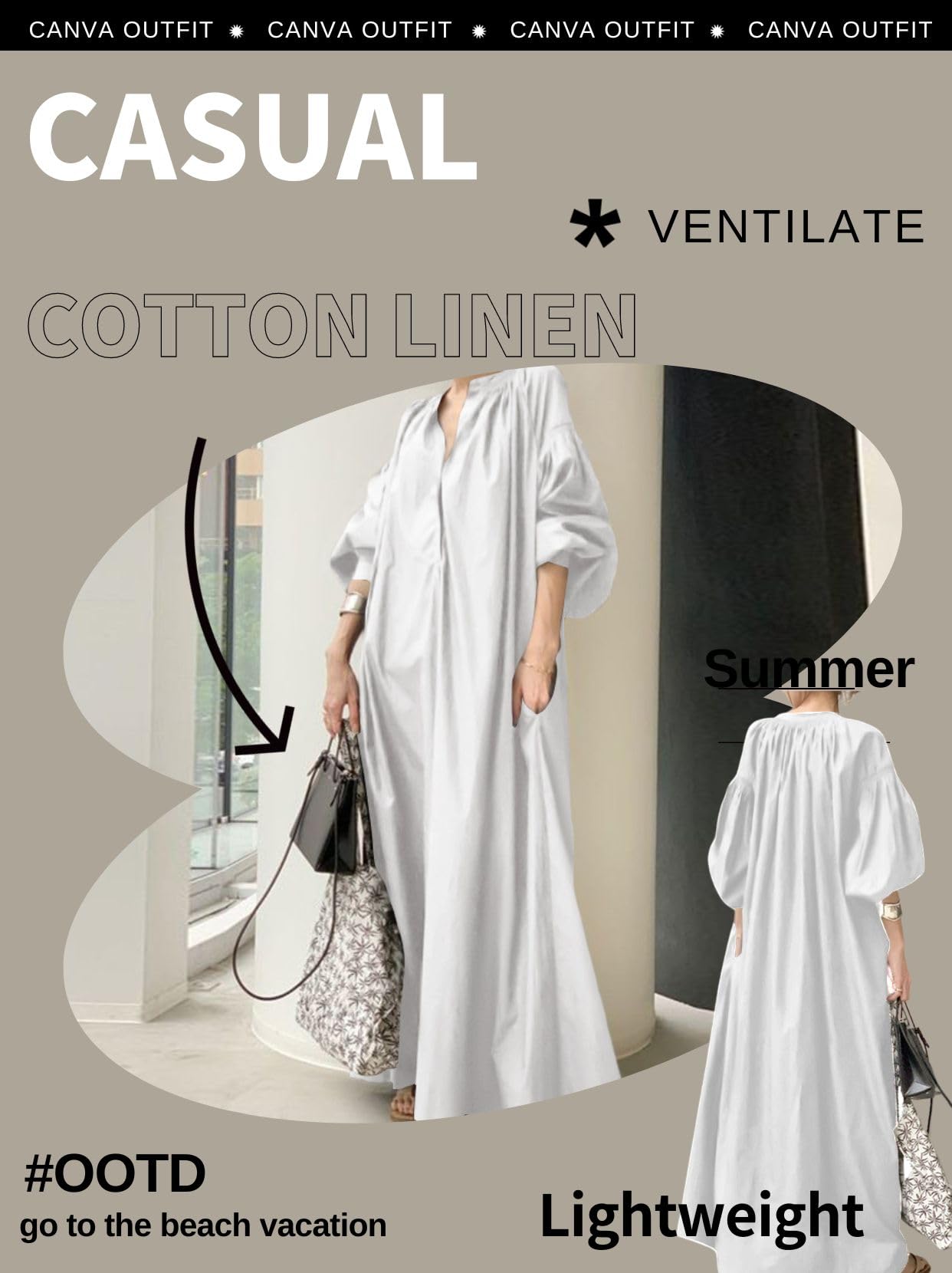 Women's Oversized Lantern Sleeve Maxi Dress - Long Sleeve V-Neck Cotton Shirt Dress with Pockets (Plus Size) | Casual Everyday Wear, Beach Cover-Up, Boho Outfit