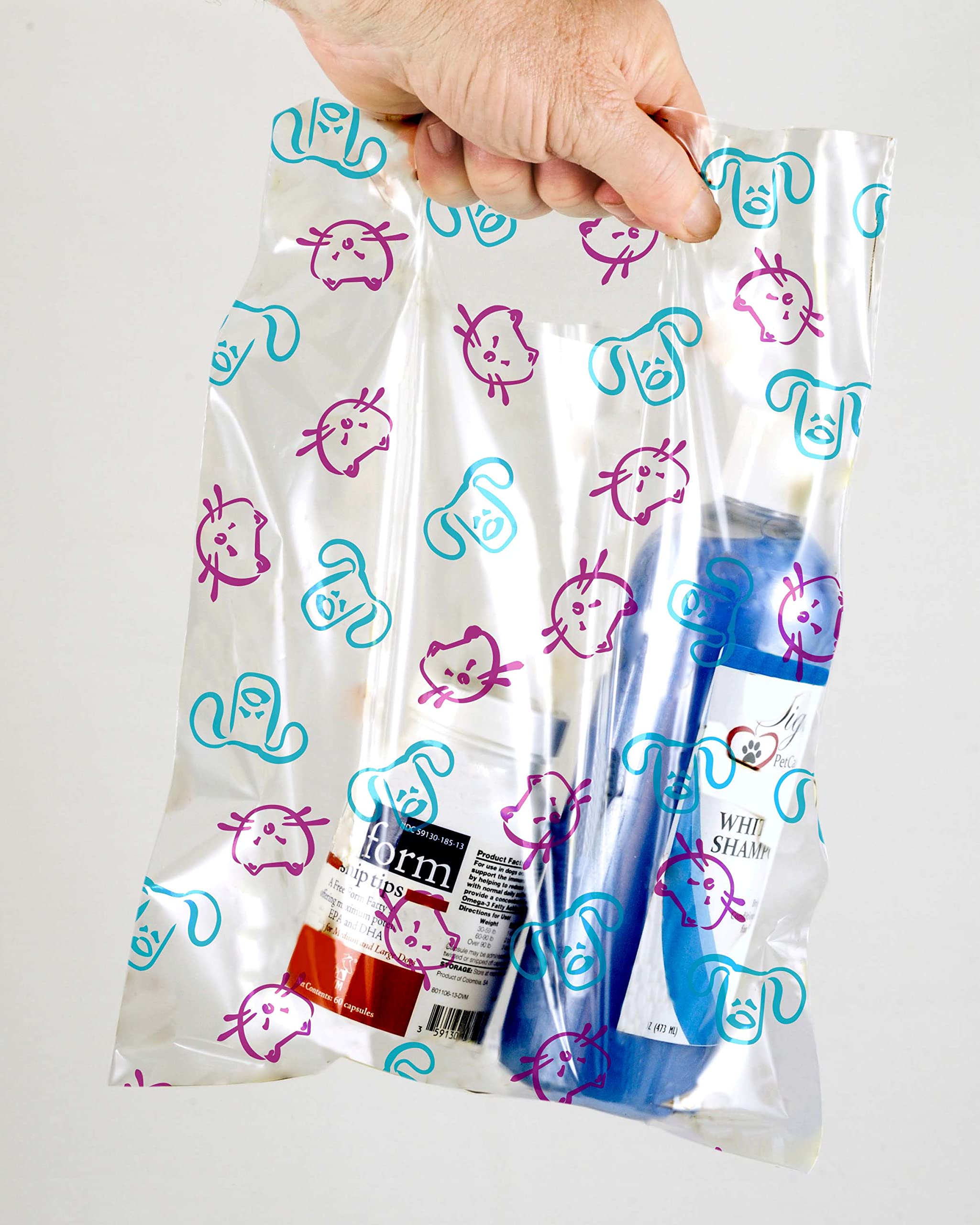 Pet Themed Print Bags - 100pcs Clear Plastic Treat Bags for Cat & Dog - Party & Vet Use