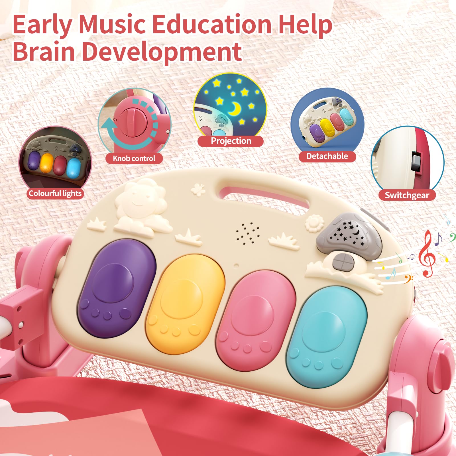 Baby Gym with Kick & Play Piano - Interactive Play Mat for Tummy Time & Sensory Development | 5 Learning Toys, Music & Lights for Newborns (Pink) - Perfect for Early Learning, Crawling & Playtime Activities