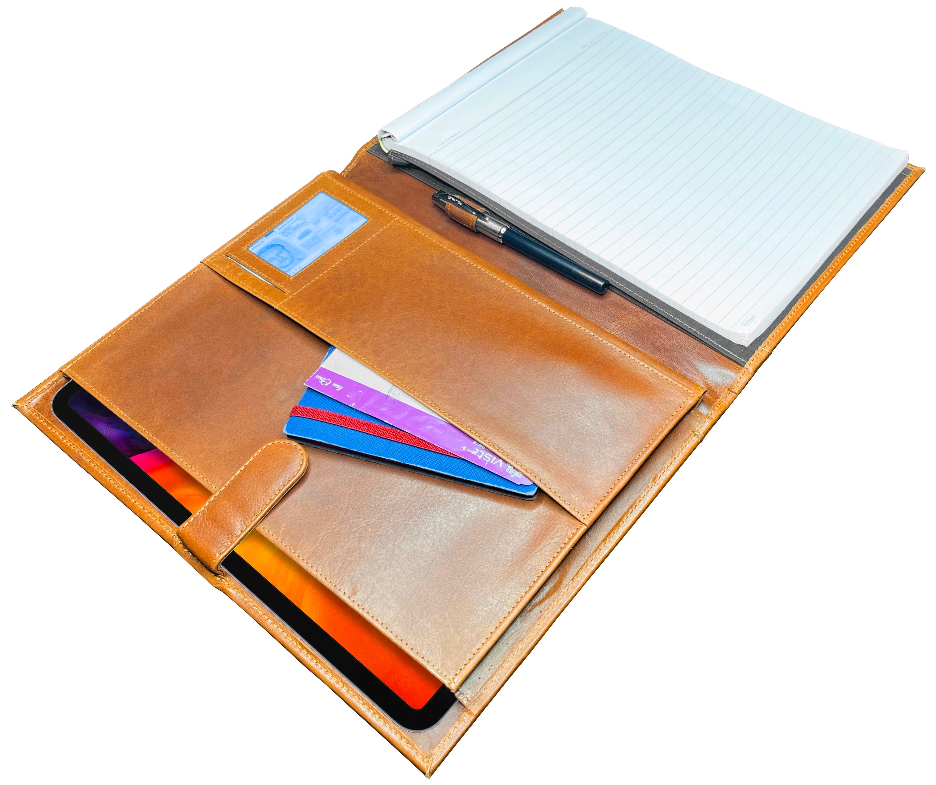 Handmade Genuine Leather Padfolio - Professional Business Portfolio Organizer in Cognac Brown - Perfect for Meetings, Presentations & Office Use