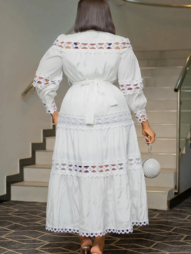 Elegant Hollow Out Lace Mock Neck Lantern Sleeve Midi Dress with Belt - Women's Plus Size Party Club Casual Outfit for Evening Events, Weddings & Date Nights