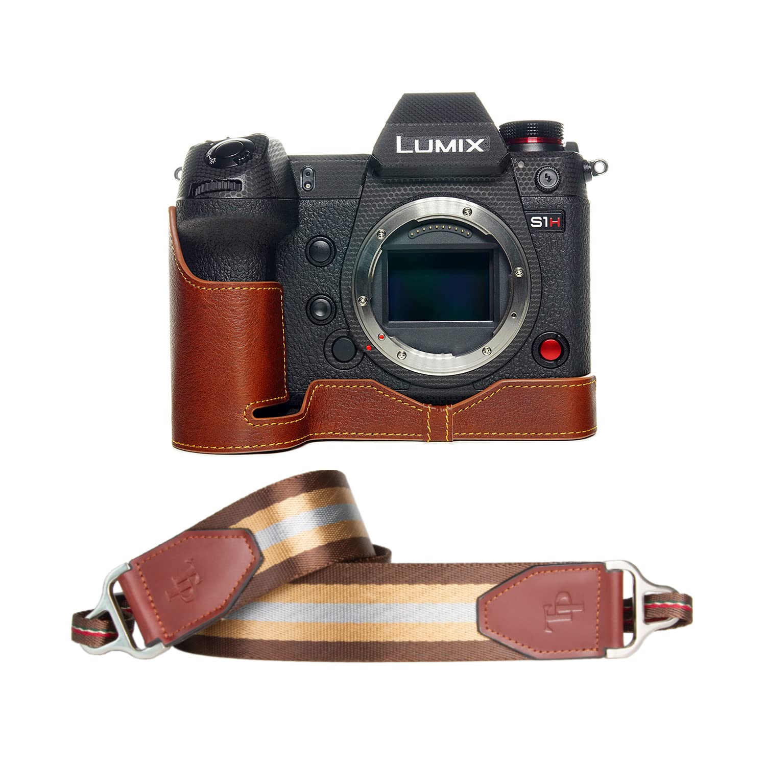 **Genuine Leather Half Camera Case Cover for Panasonic S1H - Bottom Open Design (Brown) with Adjustable Shoulder Strap - Perfect for Travel, Photography & Outdoor Shooting**