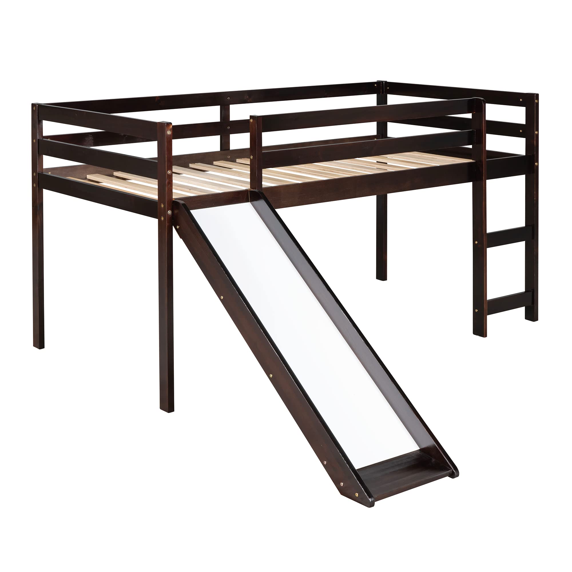 Merax LUMISOL Junior Low Loft Twin Bed Frame - Wooden Kids Bedroom Furniture for Boys & Girls with Safety Guard Rail & Ladder (Includes Slide, Espresso Finish) - Perfect for Small Spaces & Playful Bedrooms