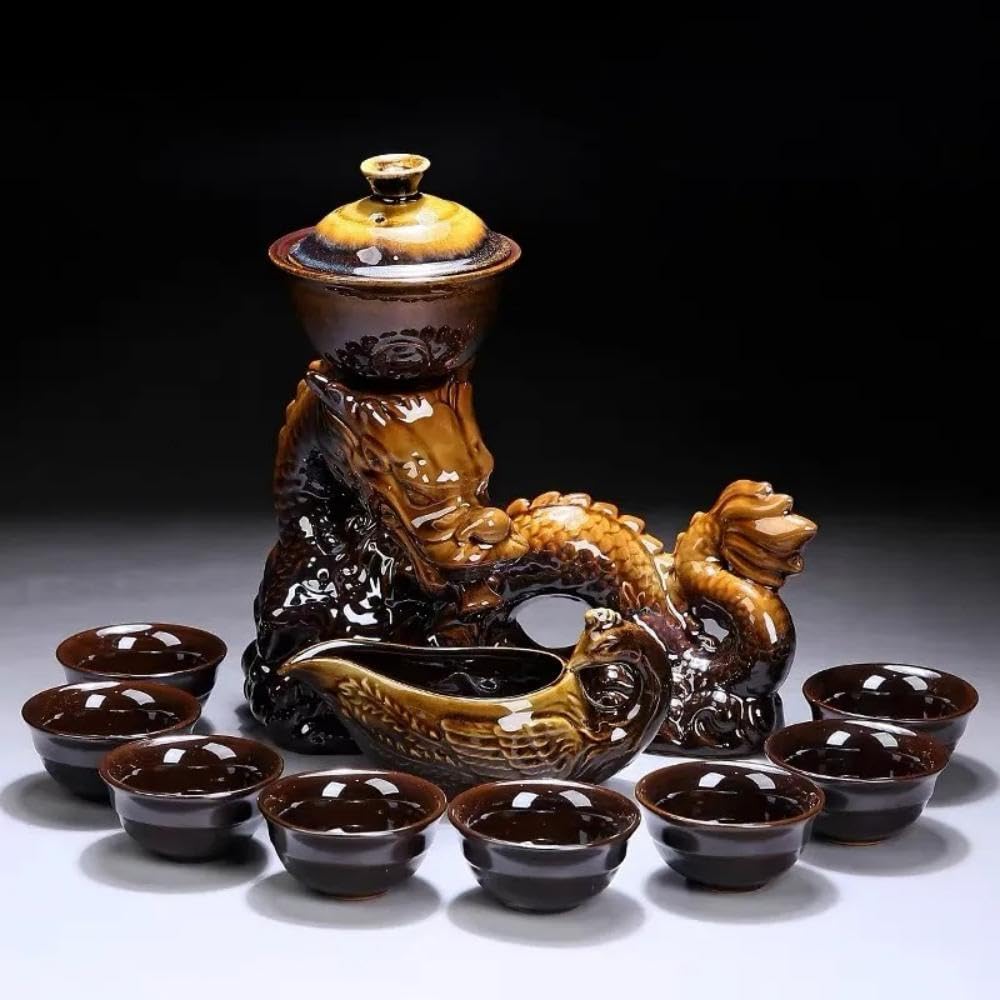 Premium Ceramic Teapot with Removable Stainless Steel Infuser - 40oz Semi-Automatic Magic Tea Maker Set with 8 Matching Cups (Gradient Yellow Dragon Design) - Perfect for Home, Office, Tea Parties & Gifts
