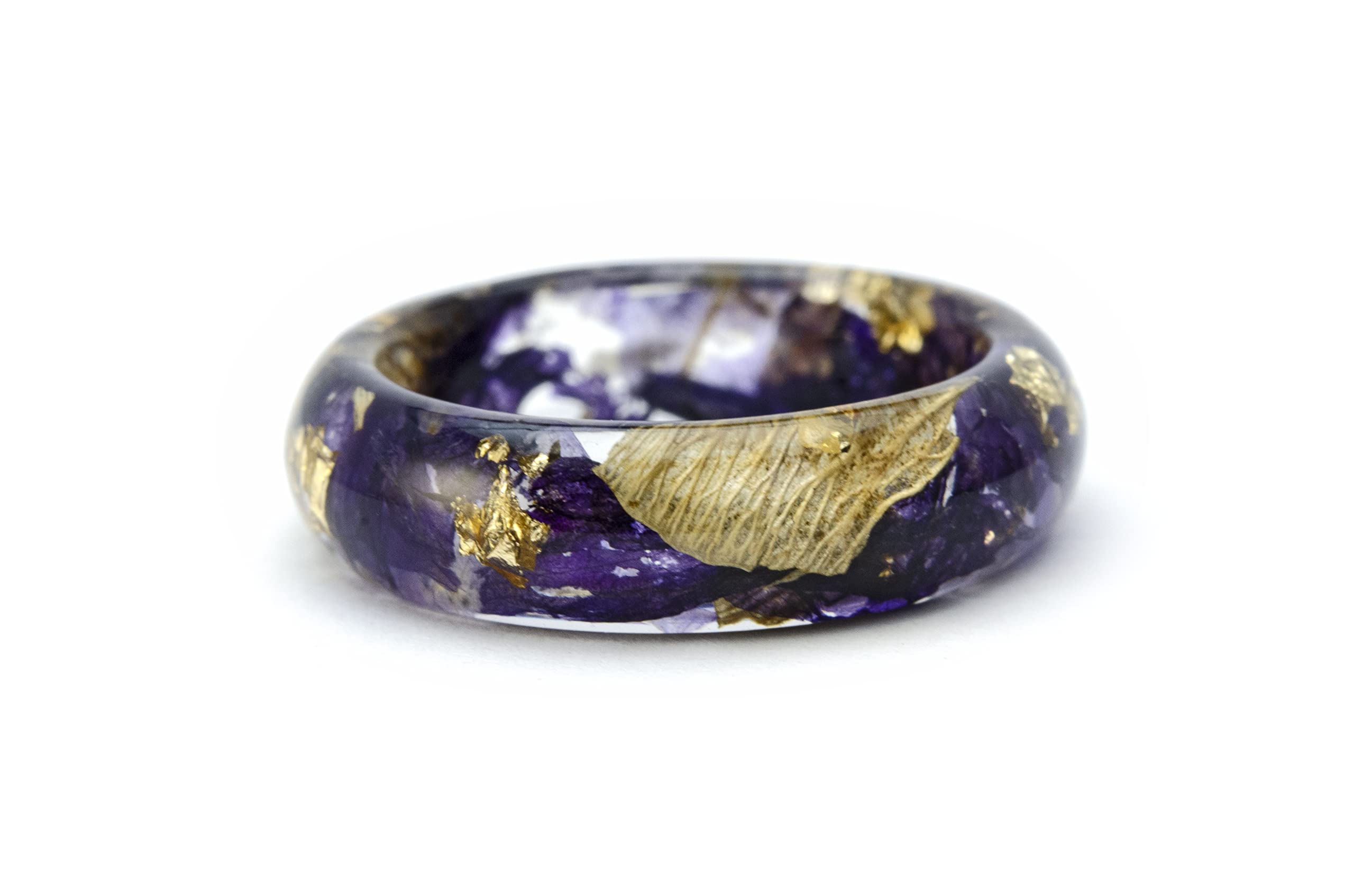 Nature Inspired Engagement Resin Rings with Purple Bells & 24K Gold - Unique Wedding Band for Couples, Handmade Eco-Friendly Jewelry Gift for Her | Perfect for Proposals, Anniversaries & Romantic Occasions