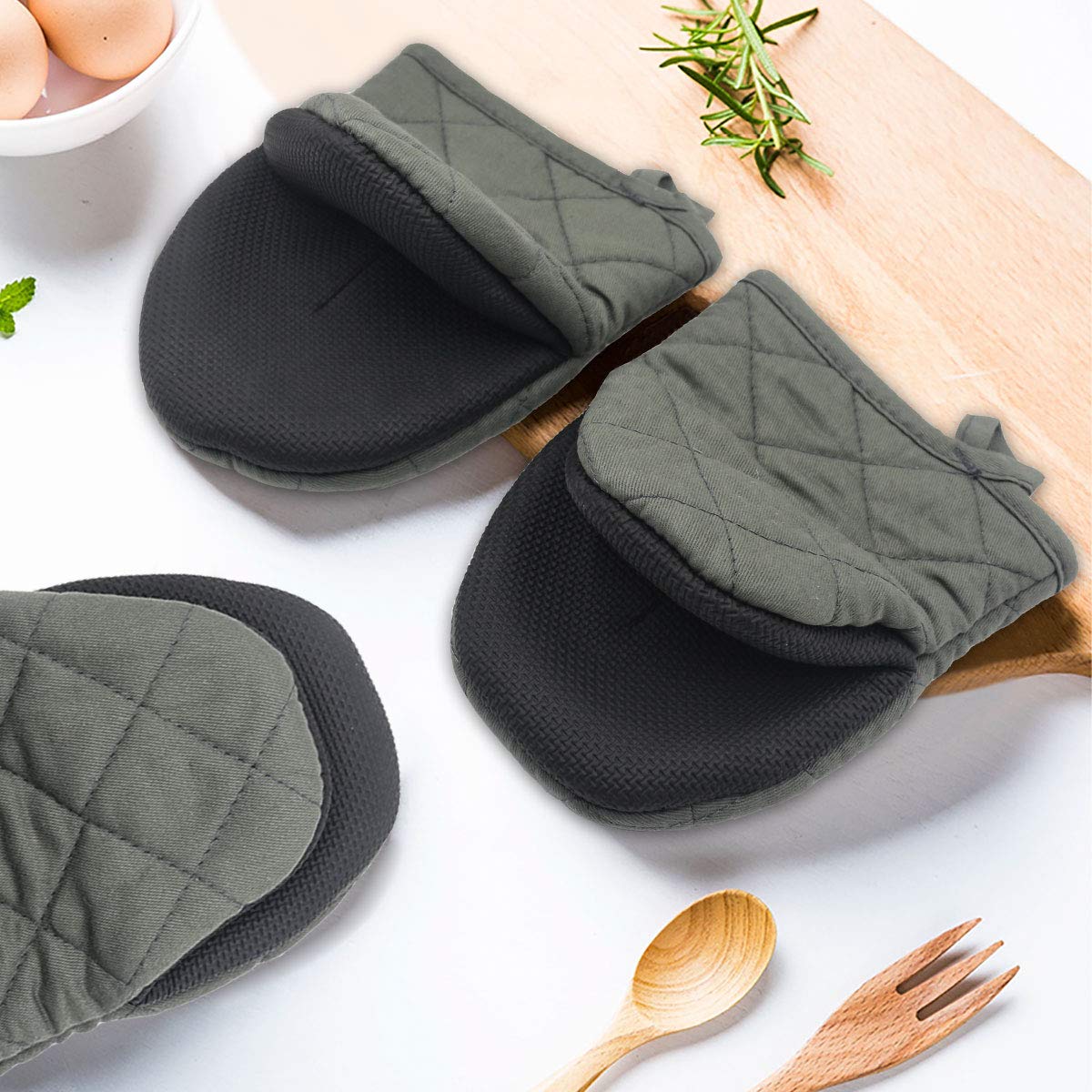 Heat Resistant Neoprene Mini Oven Mitts (2-Pack) - 500°F Protection with Non-Slip Grip & Hanging Loop - Perfect for Baking, Cooking, Grilling & Handling Hot Pots/Pans (Greyish-Green)
