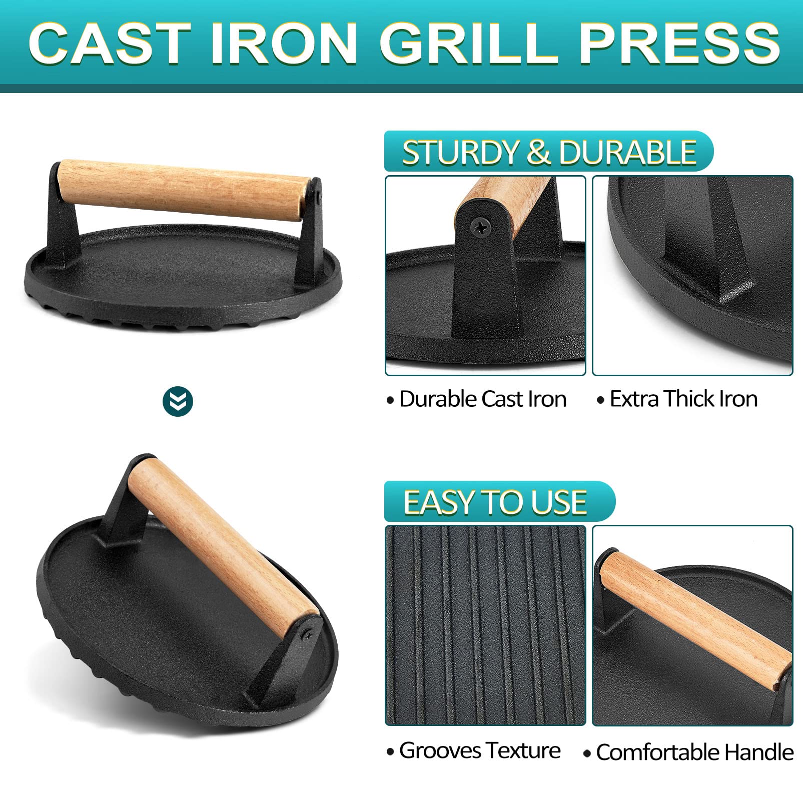 9 Inch Stainless Steel Cheese Melting Dome & Cast Iron Grill Press Kit - Joyfair Griddle Basting Cover for Burgers, Sandwiches & Flat Top Cooking | Perfect for Outdoor Camping, BBQ, Teppanyaki & Home Kitchen Use | Dishwasher Safe