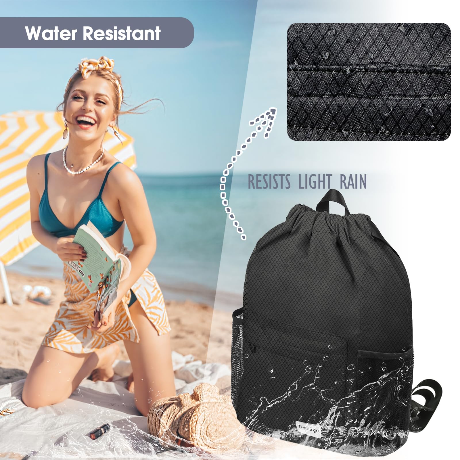 Waterproof Drawstring Backpack - Lightweight Sports Gym Sack with Mesh Pocket - String Cinch Closure - Perfect for Beach, Gym, Travel & Outdoor Activities - Unisex Design for Men & Women