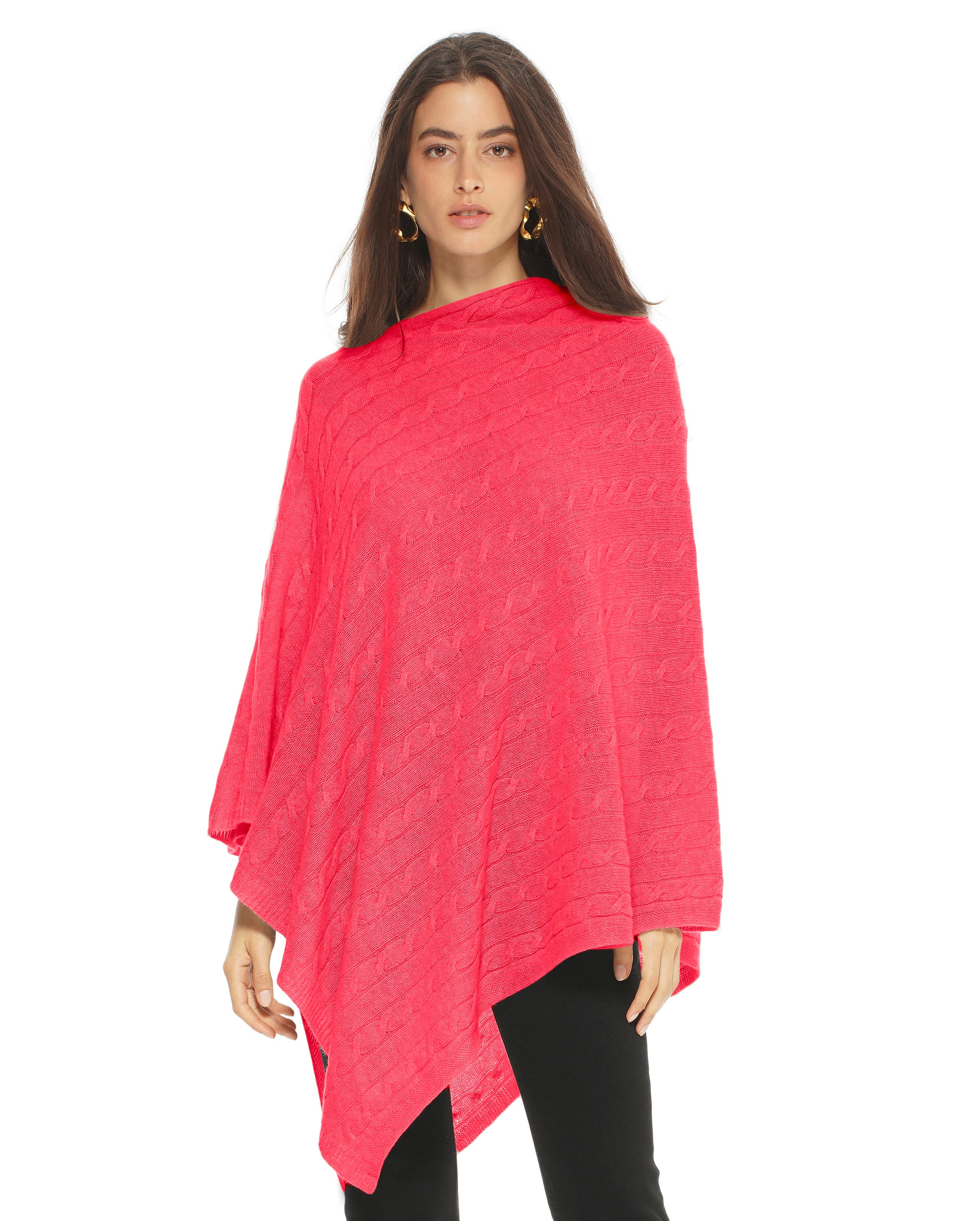 Luxury Women's Pure Cashmere Cable Knit Poncho - Soft Coral Red Winter Shawl Wrap for Office, Travel & Holiday Gifts