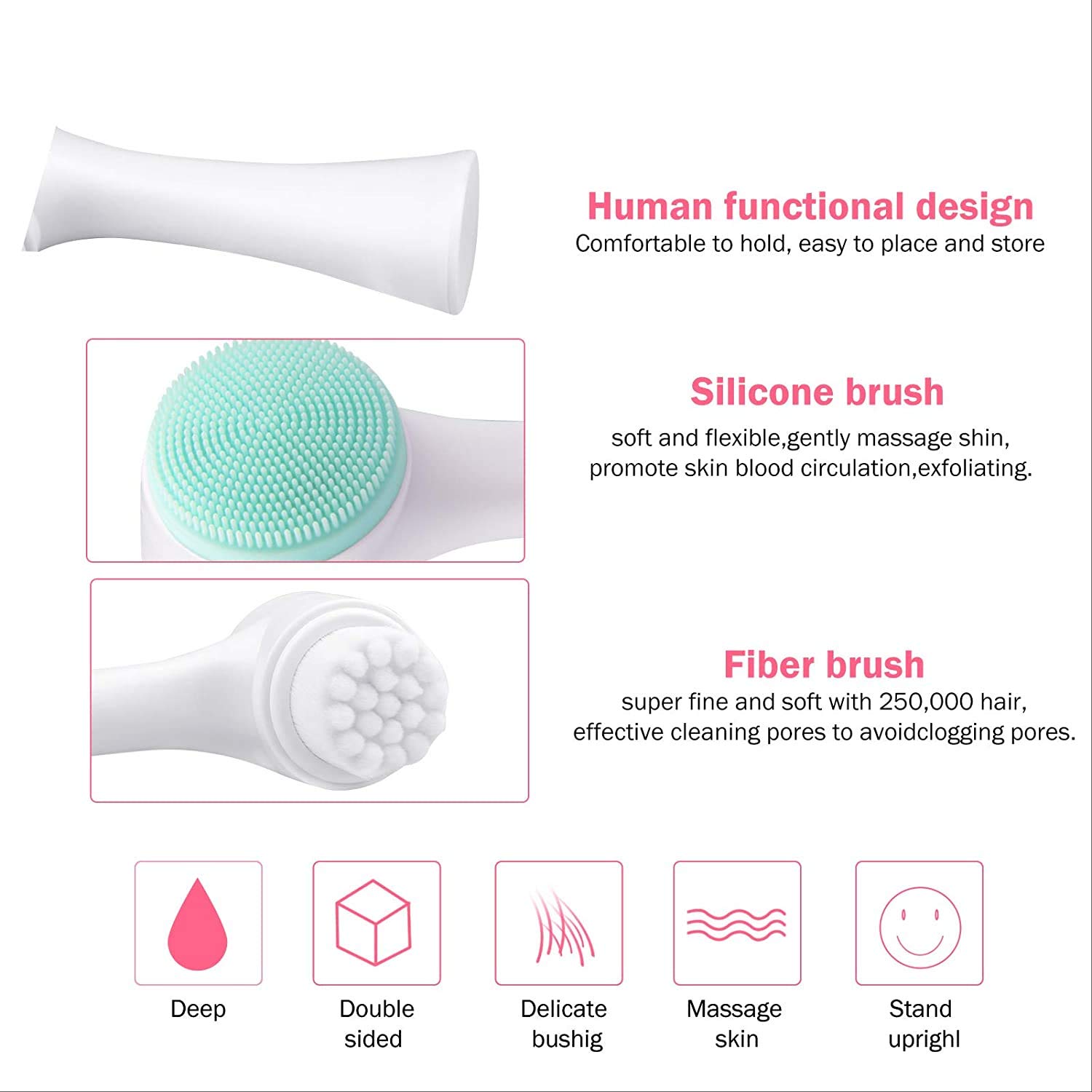 TREXEE 2 in 1 Facial Cleansing Brush - 3D Double-Sided Silicone & Soft Bristles for Deep Cleansing, Exfoliating, Makeup Removal & Acne Care (White) | Perfect for Daily Skincare & Spa-Like Facial Massage at Home